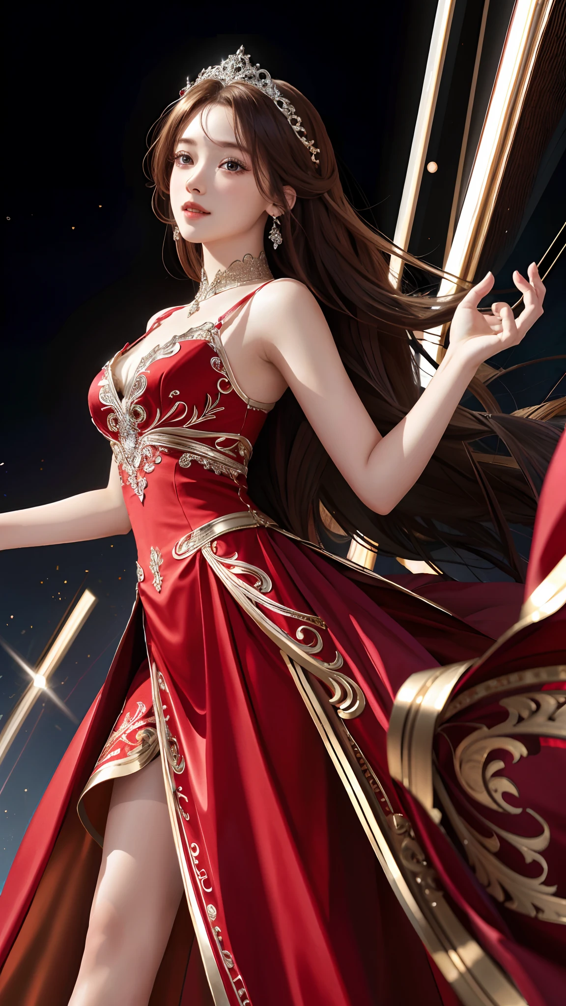 Ultra hd, 8k quality, a girl, happy, very long hair, detailed eyes, beautiful dress, red dress, attractive pose, whole body capture,