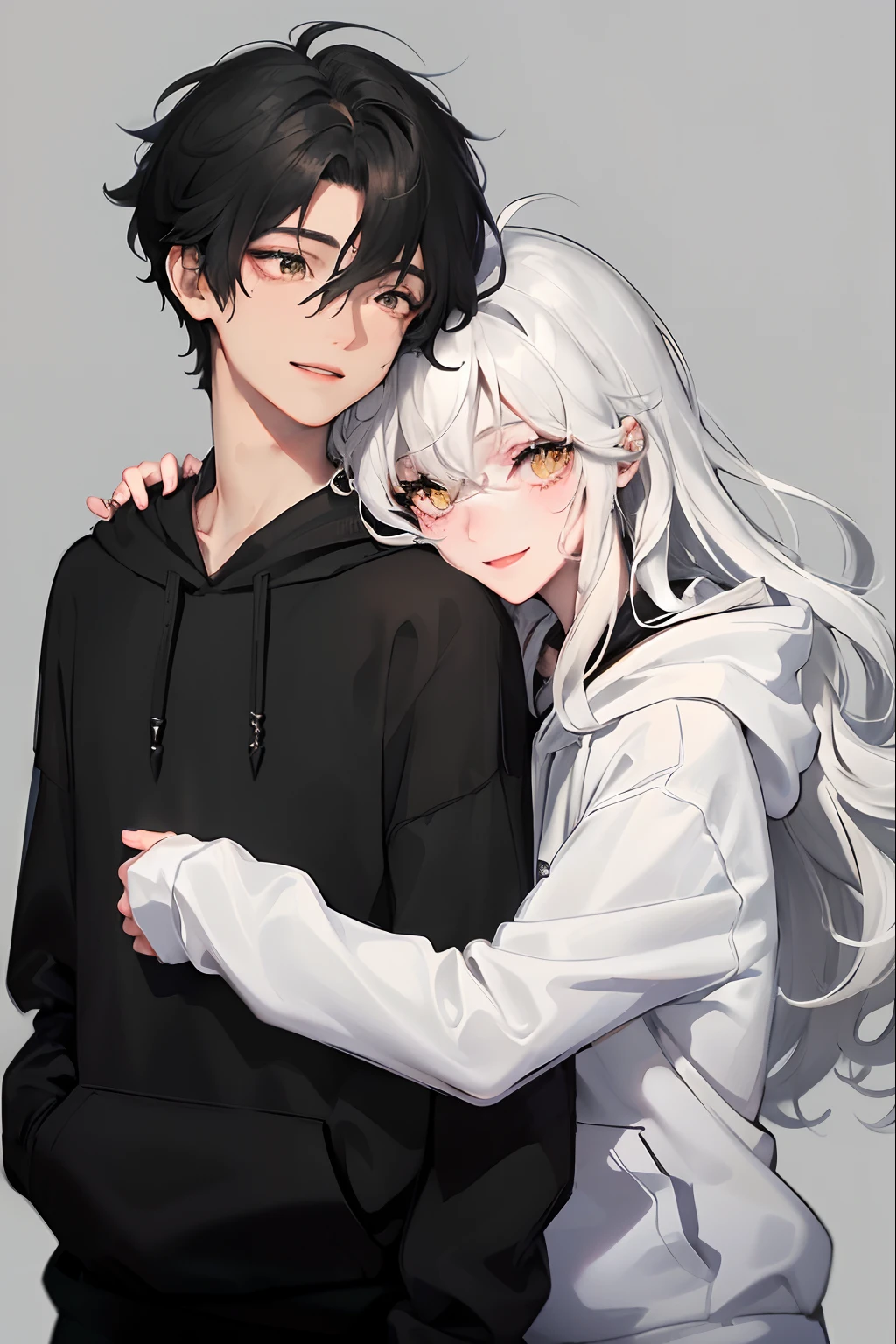 1woman, ((long white wavy hair)), swept bangs, ((golden eyes)), smile, modern clothes, hugging a ((boy with short messy black hair and black simple hoodie)) from the front