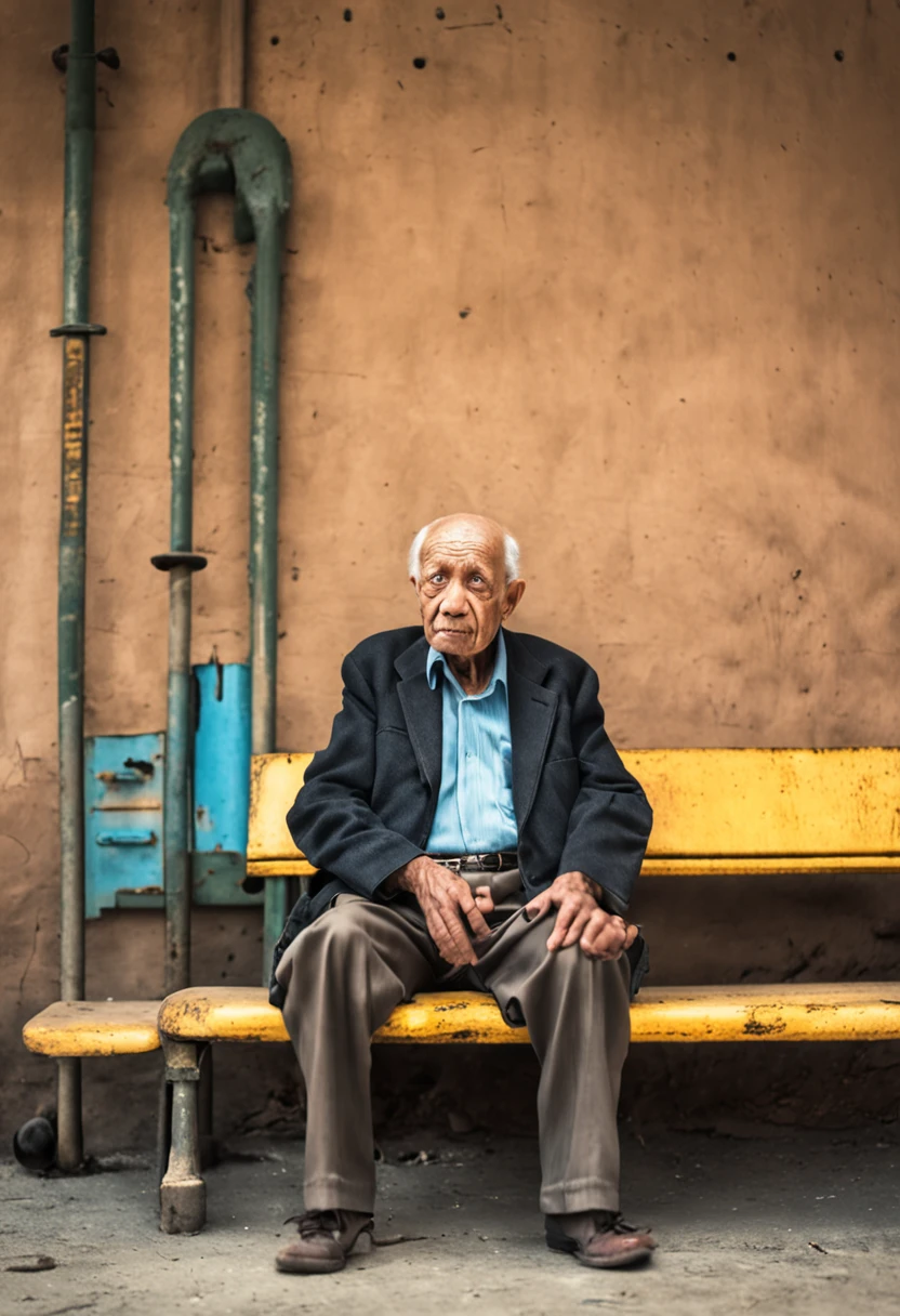 There was an old man sitting on a bench，Use dumbbells，having fun，emaciated，in  the gym，The light and shadow are soft，Rich background He is about 80 years old, an 80 year old man,  The elderly are using dumbbells, one old man,  He was about 80 years old