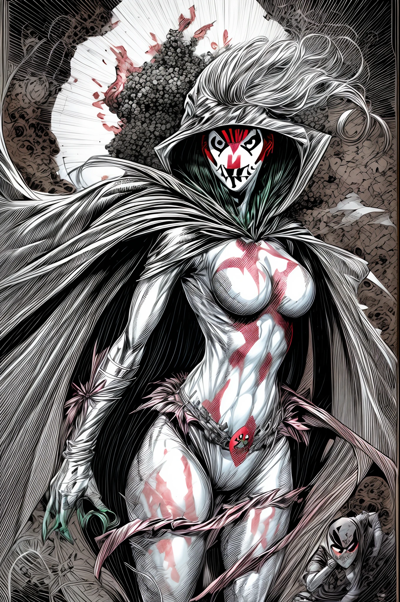 ((Spawn Woman)), green poison and red blood ink, created the obscure form of the Image Comics character, Sketch, Manga Sketch, Pencil drawing, Black and White, Todd McFarlane style, Brian Holguin style, by bugmAIster, Low detail, Line art, vector art