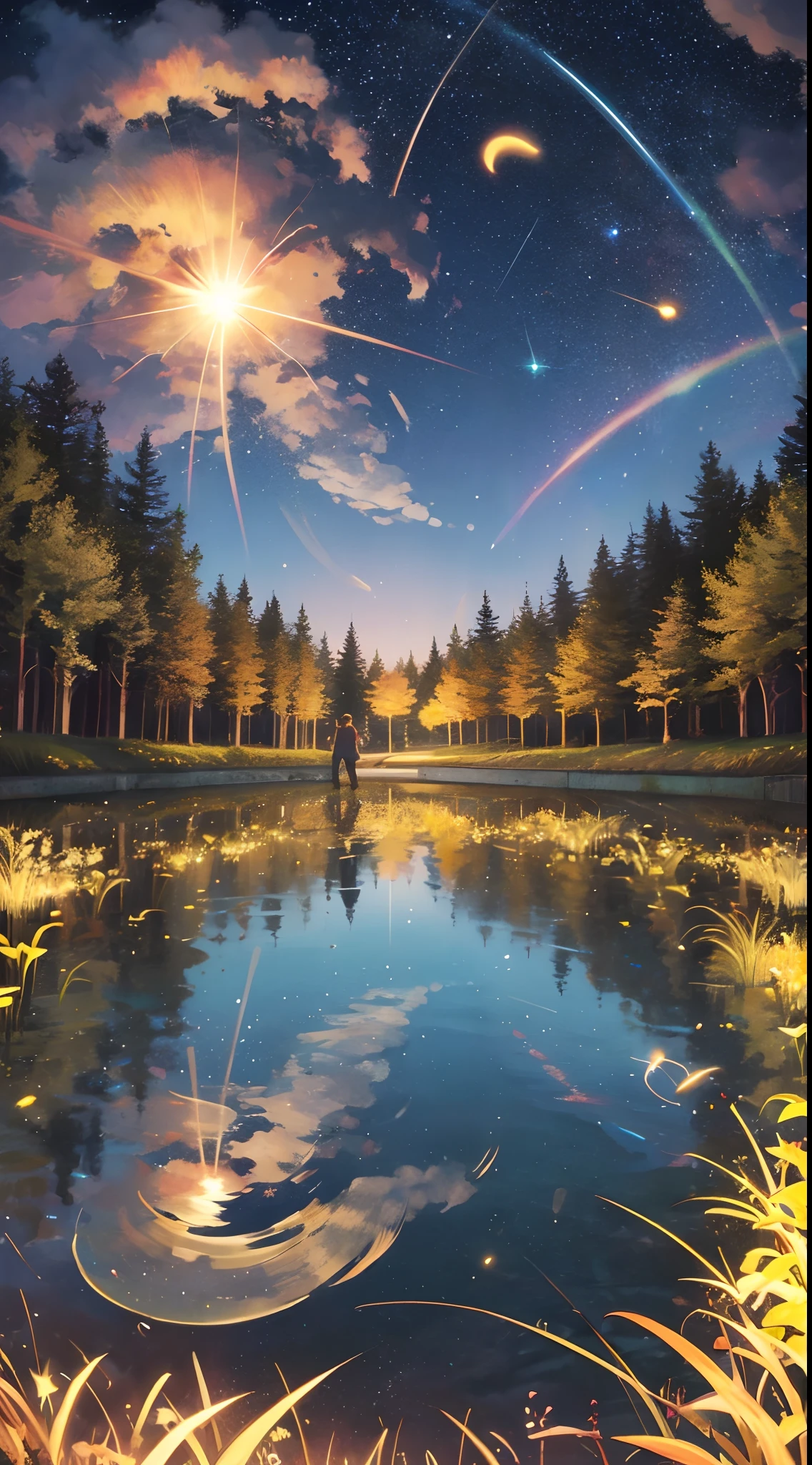Country night,The starry sky twinkles,Couple talking in the grass,Summer lights and fireflies dance。