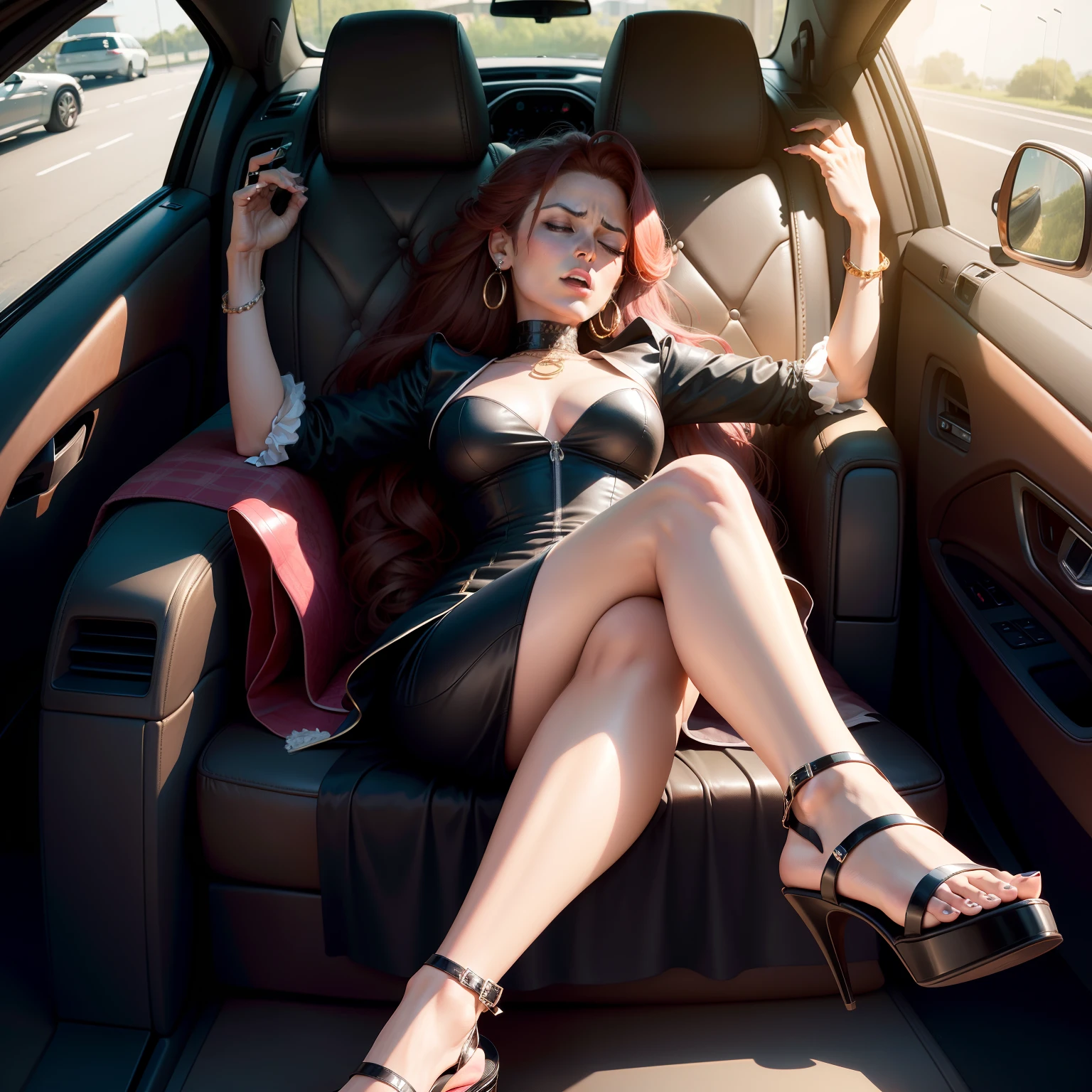 Greedy lady in high heeled sandals，Sit in her luxury car and sleep，irate，head looking up