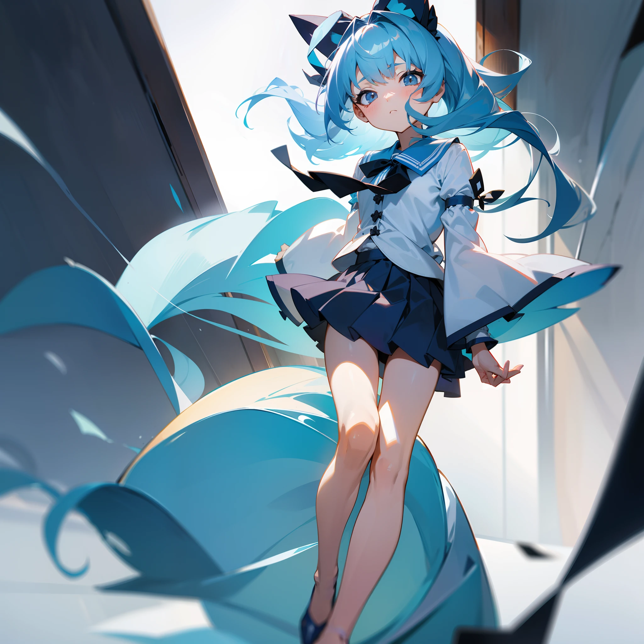 (12k, RAW photo, best quality,sophisticated detail, masterpiece:1.2), (extremely detailed 12k wallpaper),(nfsw:1.4)sharp focus, professional lighting, depth of field, cinematic lighting,blur background,BREAK 1girl, solo, looking_at_viewer, smile, fullbody, android, joints, one_mechanical_slender_tail, (blue thighhighs:1.4), (green hair:1.2), (pink backpack:1.2), (blue dress:1.2), (yellow tie:1.2), (pink boots:1.2), (white detached_sleeves:1.2), animal_ears, randoseru, short_hair, hairband, earrings, cat_ears, cat_tail, blue_eyes