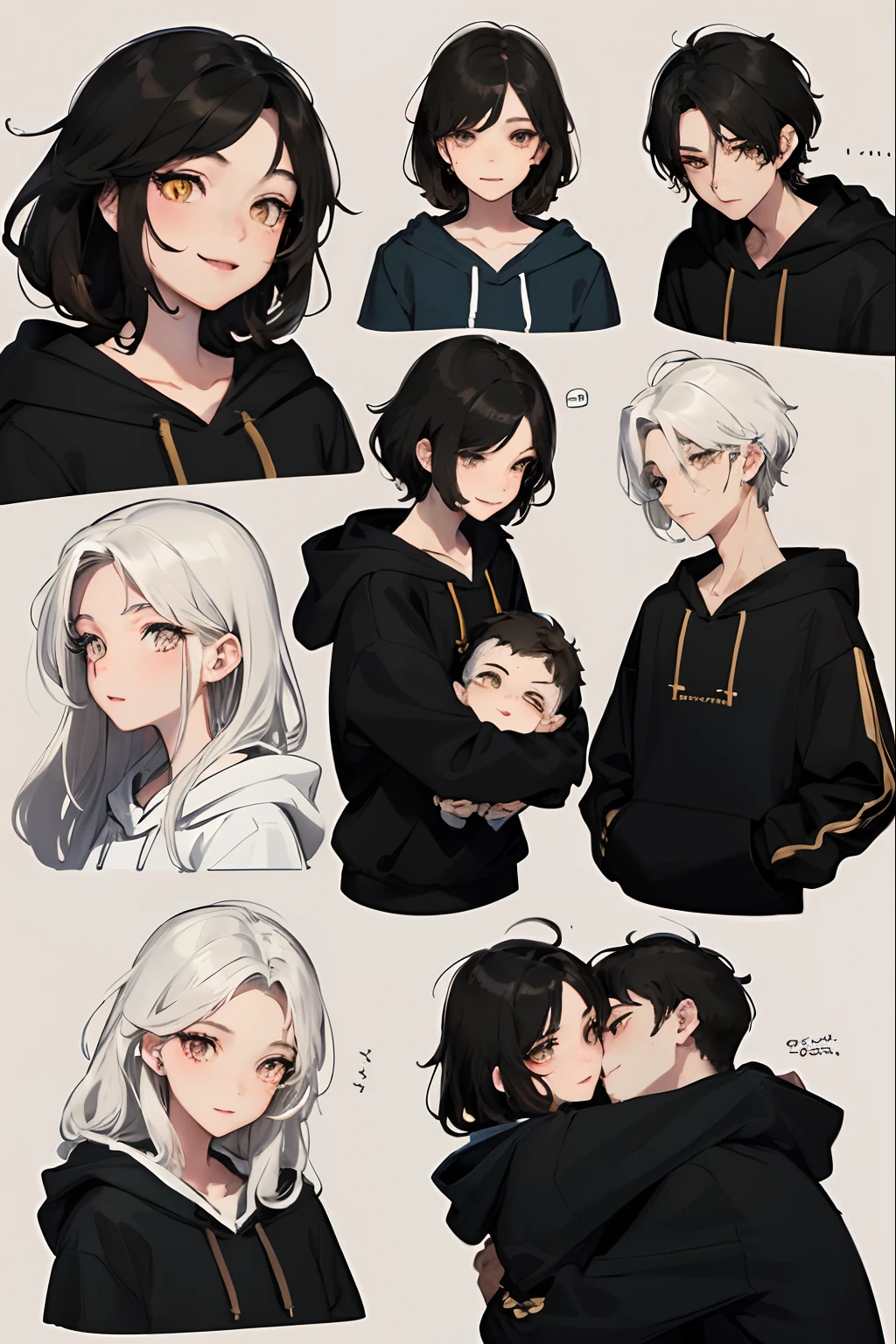 1woman, ((long white wavy hair)), swept bangs, ((golden eyes)), smile, modern clothes, hugging a ((boy with short messy black hair and black simple hoodie)) from the front