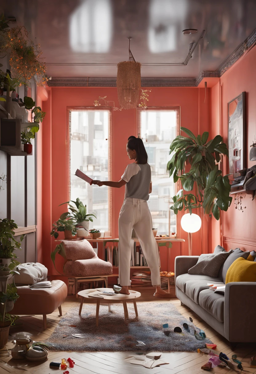 Finely decorated small apartments,high rise,Young woman cleaning in living room doing cleaning