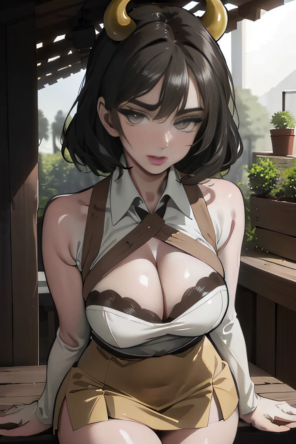 (masterpiece best quality), Realistic, (Real picture, Intricate details, Depth of field), (1girll, Solo), Mouth open,seductiv, highly detailed, Perfect face,Refined face (gigantic cleavage breasts:1.3), (skin indentation), (Pasture cowsheds covered with pastures),Overlooking the perspective,Thick thighs, Wide hips, Small waist, facing at camera,Raised sexy,Open your feet,Mature face,a matural female,fluffy long black hair,White Bull Costume,Erotic clothing,open waist,White knee-length boots,cow horn,Production plant,dairy cattle