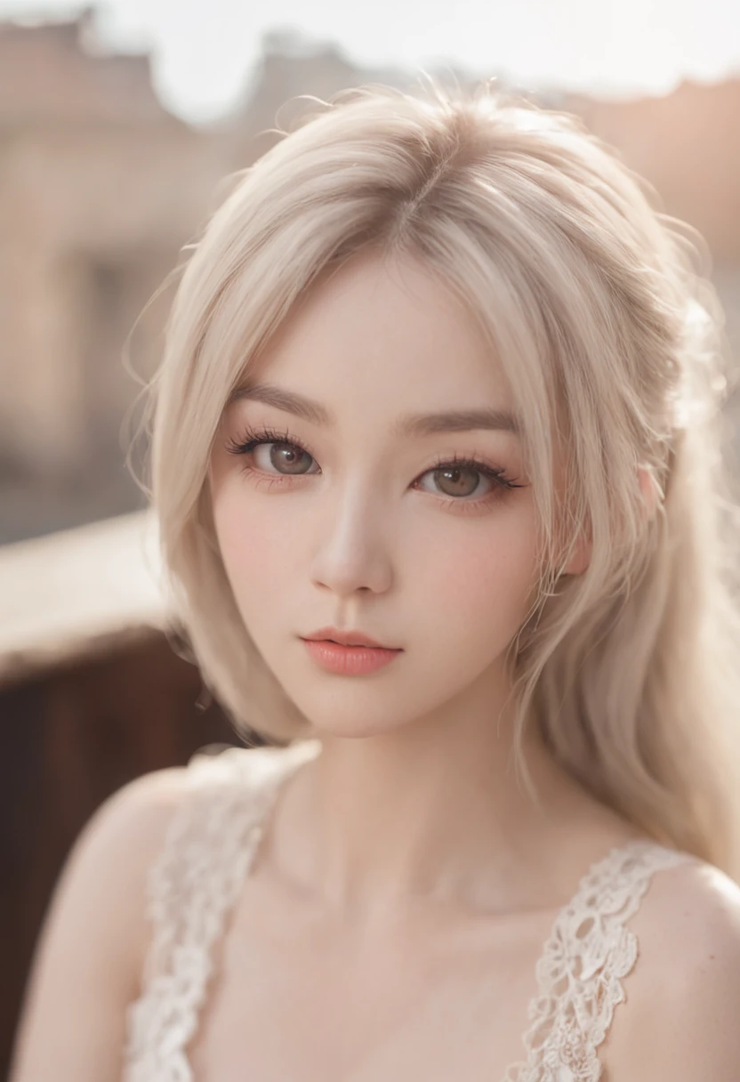 中景 the scene is，Bust photo，A 14-year-old girl sits in a café，with a round face，largeeyes，adolable，big breasts beautiful，The face is delicate，White skin，long eyelasher，Blushlush，eye shadows，Redlip，The expression is shy，ssmile，Perspectiva subjetiva，flatchest，being thin，cropped shoulders，shift dresses，Poor chest，胸A cup，hair messy，By bangs