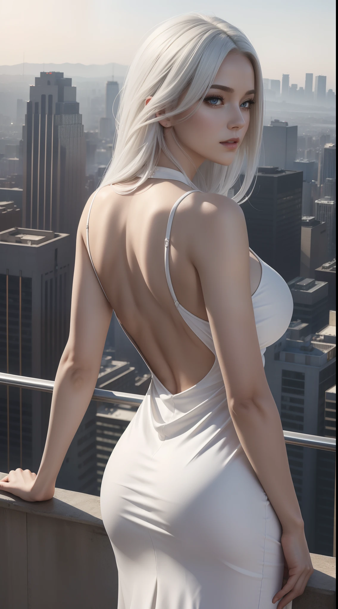 Masterpiece, Best quality, (Photorealistic:1.4), full bodyesbian, (dress:1.1), view over city, Cinematic light, Beautiful woman, ((From behind)), Skinny, Large breasts, White hair, rim, Detailed face,
