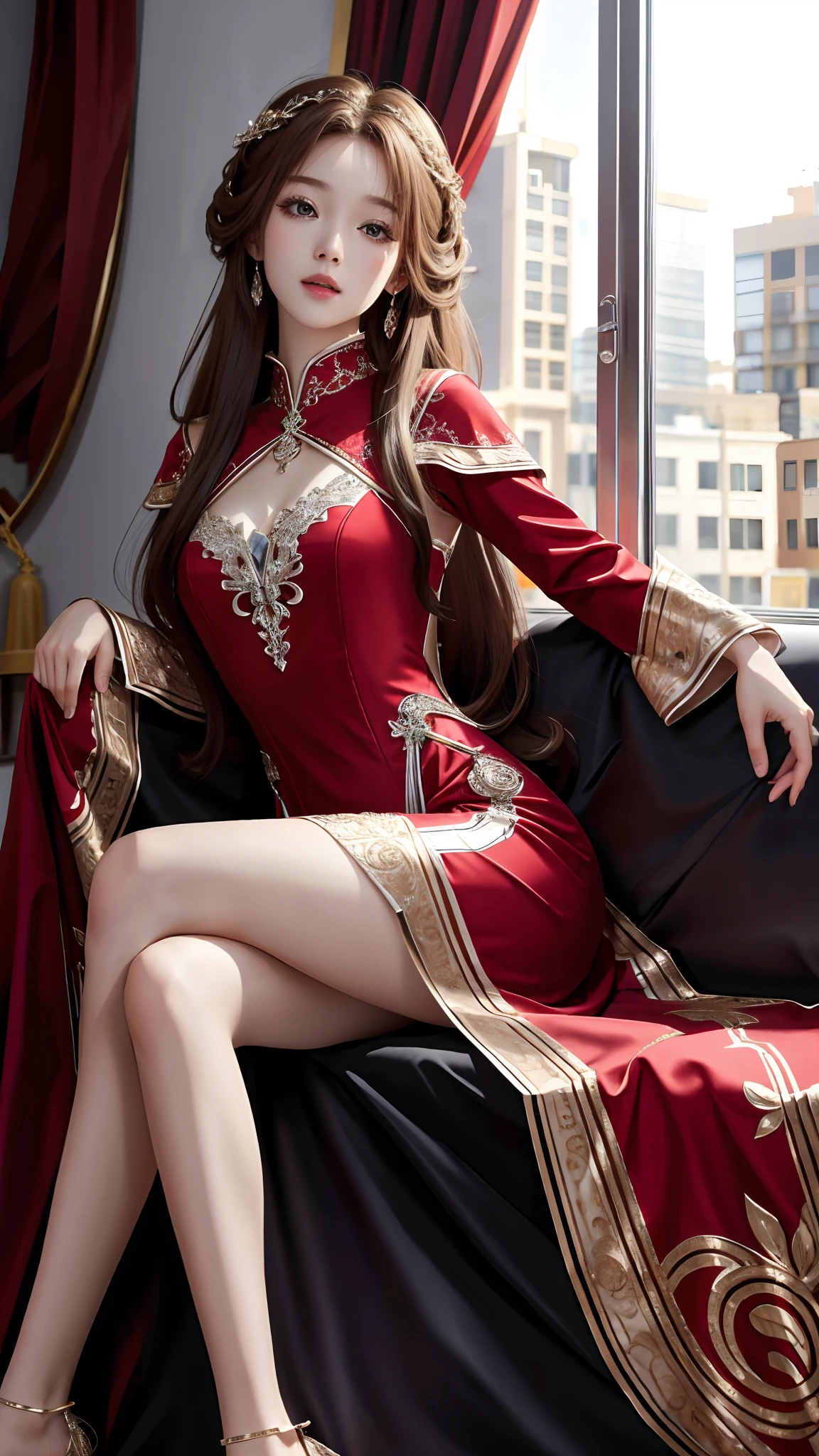 Ultra hd, 8k quality, a girl, happy, very long hair, detailed eyes, beautiful dress, red dress, sitting pose, whole body capture,