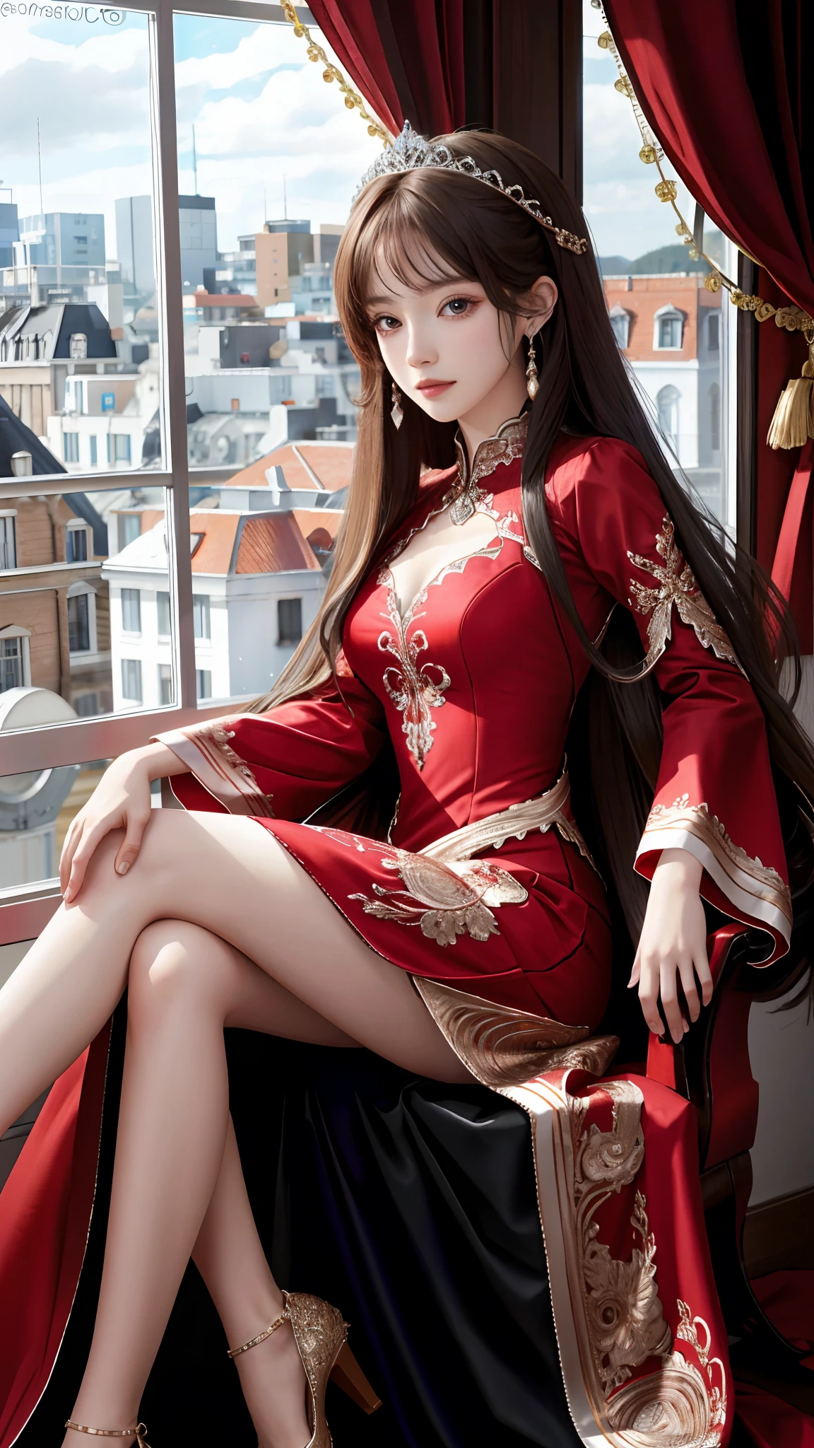 Ultra hd, 8k quality, a girl, happy, very long hair, detailed eyes, beautiful dress, red dress, sitting pose, whole body capture,