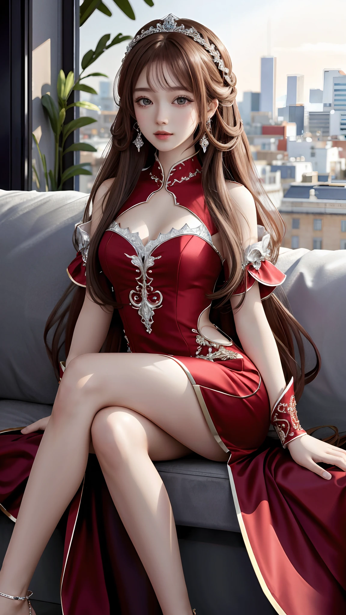 Ultra hd, 8k quality, a girl, happy, very long hair, detailed eyes, beautiful dress, red dress, sitting pose, whole body capture,