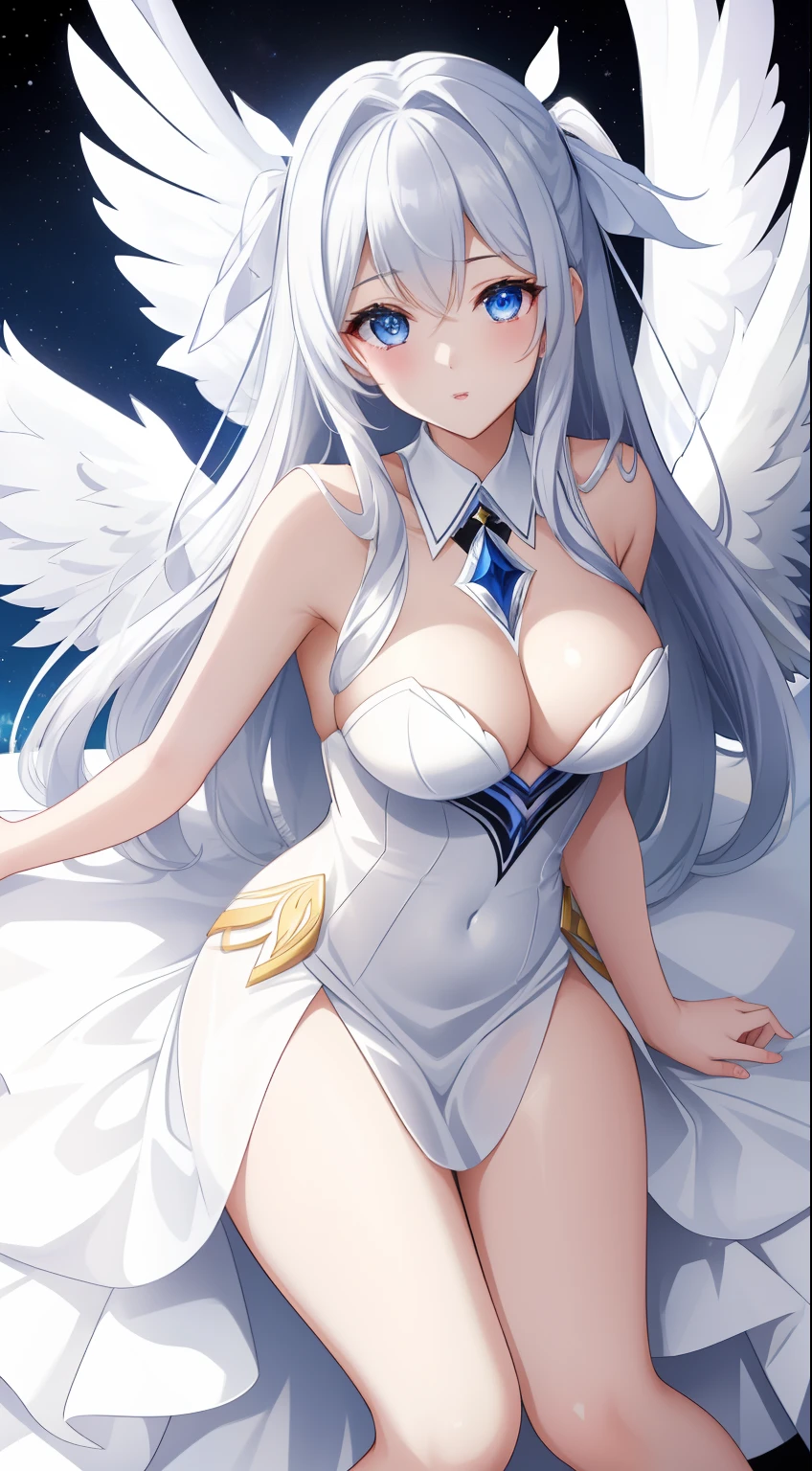 Female angel descends from the sky, Has glowing white wings, Beautiful eyes, Perfect body, Wearing an open white dress in the middle, medium breasts⁩,