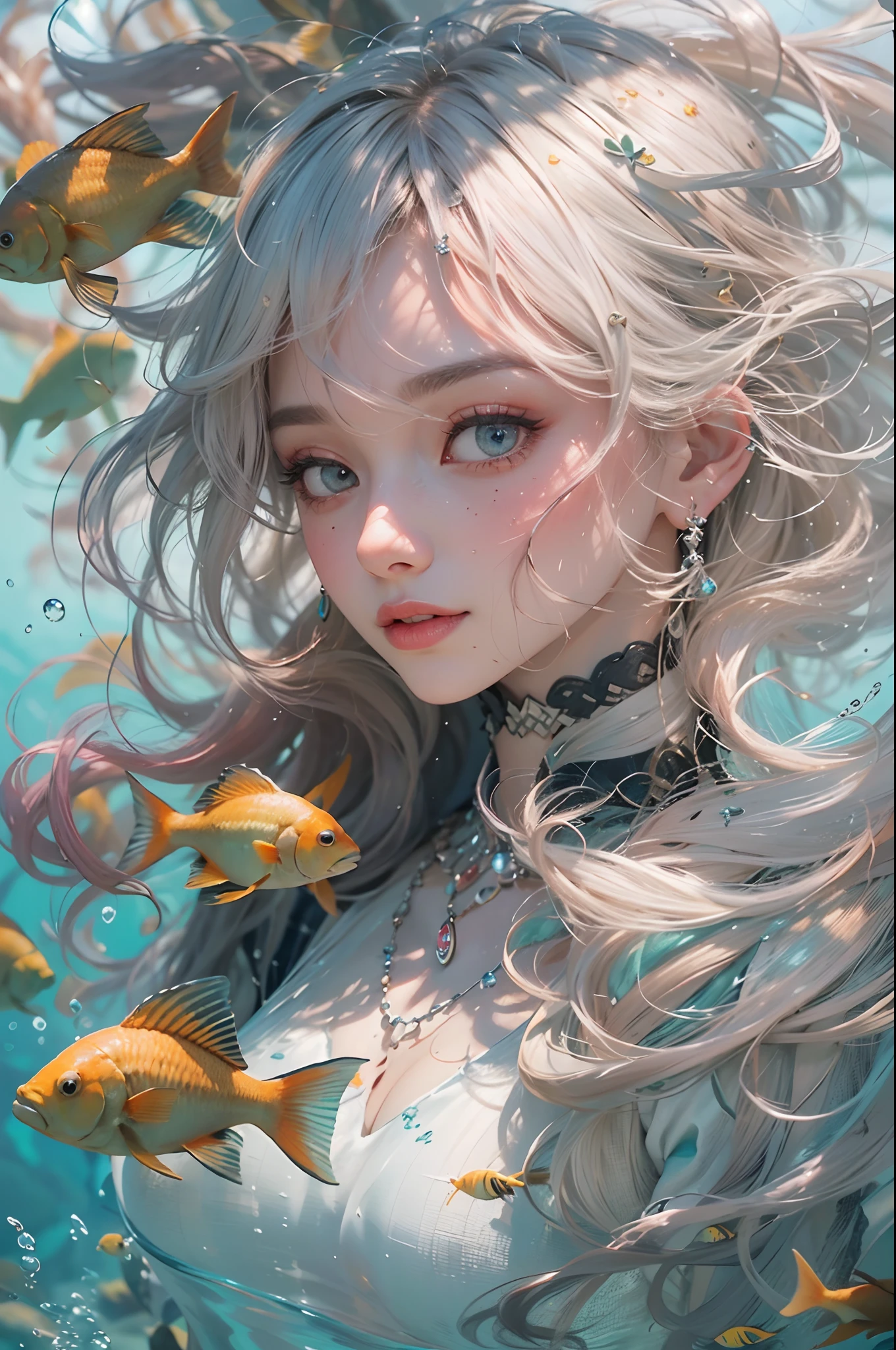 high details, best quality, 16k, RAW, [best detailed], masterpiece, best quality, (extremely detailed), full body, ultra wide shot, photorealistic, fantasy art, RPG art, D&D art, a picture of a mermaid swimming with koi fish under the sea, exqisite beautiful mermaid, ultra feminine (best details, Masterpiece, best quality), ultra detailed face (best details, Masterpiece, best quality), blond hair, pixie cut, blue eyes, white scales, undersea life, a [[flock of koi fish]] swimming (best details, Masterpiece, best quality) undersea background depths-fc, dim sun light from above High Detail, Ultra High Quality, High Resolution, 16K Resolution, Ultra HD Pictures, 3D rendering Ultra Realistic, Clear Details, Realistic Detail, Ultra High Definition