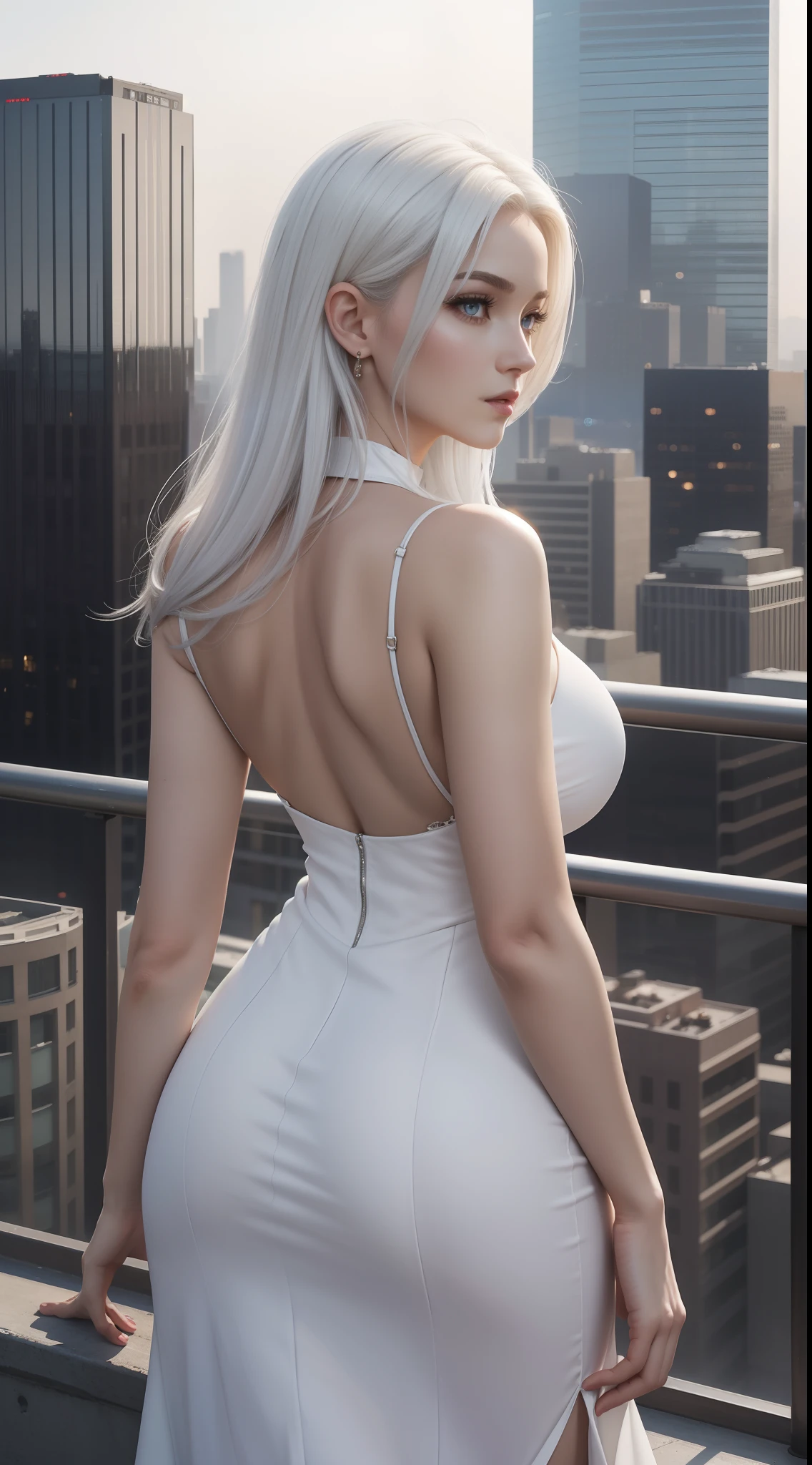 Masterpiece, Best quality, (Photorealistic:1.4), full bodyesbian, (dress:1.1), view over city, Cinematic light, Beautiful woman, ((From behind)), Skinny, Large breasts, White hair, rim, Detailed face,