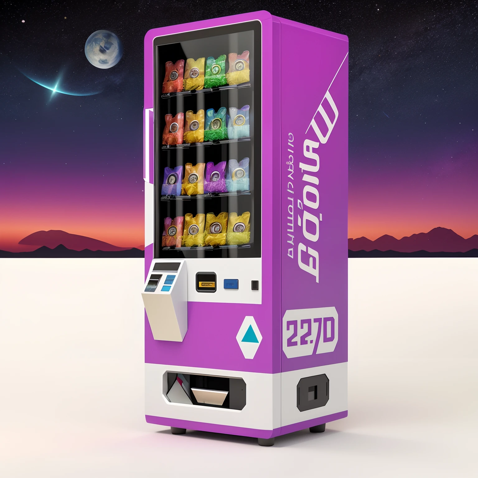 Close-up with fishing gear display，For example，Star support material assembly，vending machines，sci-fi vending machine，3D product render，Some are more specific, Descriptive scenarios may appear on the computer，por exemplo, Someone went to the vending machine and bought some star postcards，During the starry sky，Or describe the scene where something is purchased，Some combinations of foil scene elements， Product rendering，Stylistic references attract attention，applied，Represents fashionability，A little bit of technology，Elements with a strong visual sense，There are reasonable ones on the fuselage, A contextual description of the style element, etc，The overall color is mainly purple and white，Color distribution is 50 each%,Wish there were more elements，A little diversified，Fewer colors，There are no portraits on the machine，or role，The color is lighter，There are slightly more elements around the stars