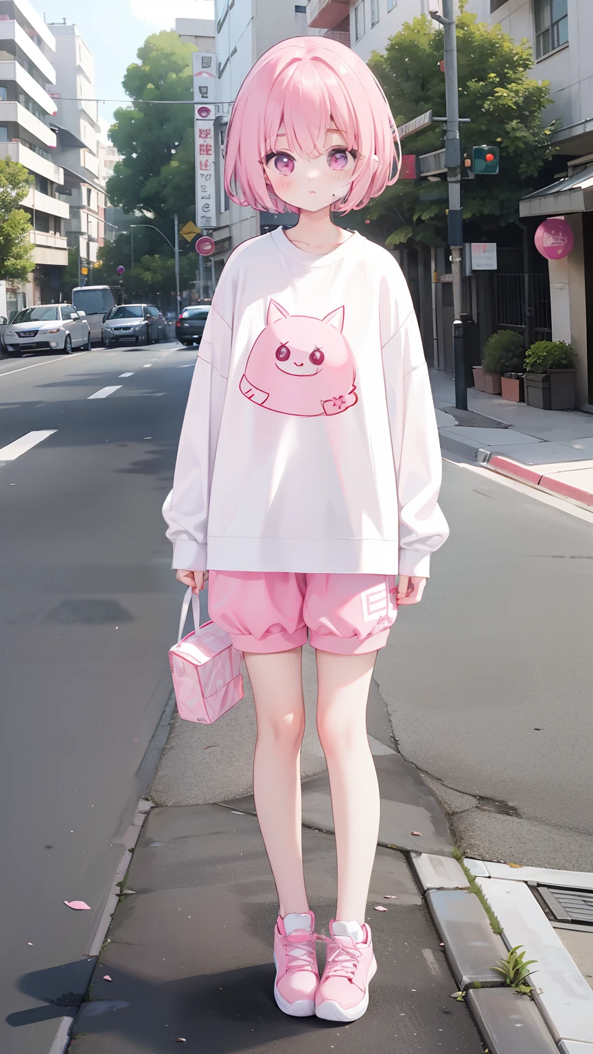Full body front photography standing on the side of the street, pink short hair, wave head, white lantern, long sleeve shirt, white pullover, crewneck vest, pink short pink eyes, left hand naturally hanging down, right hand Biye