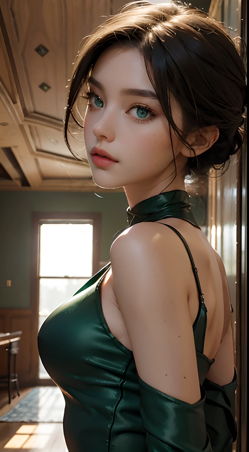 Best quality, masterpiece, super high resolution (authenticity: 1.1). A girl with emerald green eyes and bare shoulders. The movie version of warm lighting illuminates bright rooms, modern architecture, and beautiful backdrops