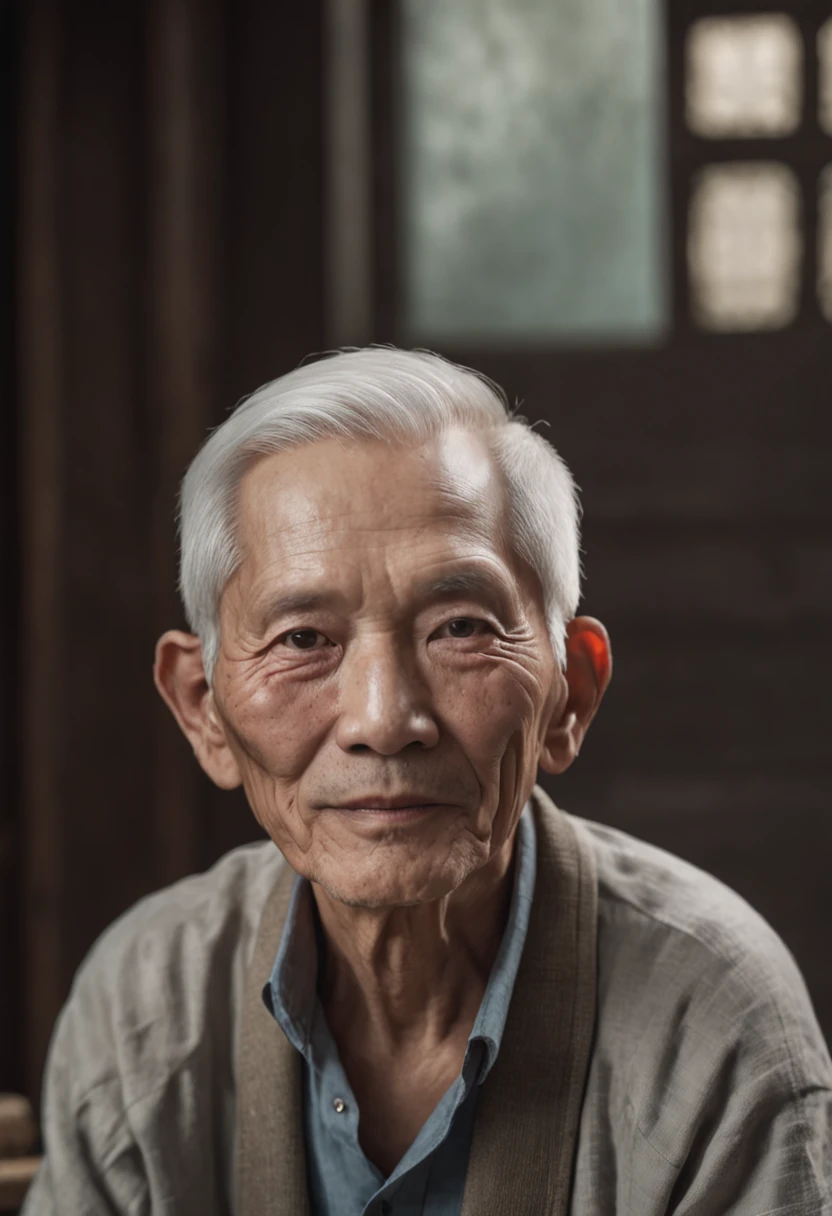 An old man sitting upright,Chinese men,ssmile,Short white hair of the spirit,Medium-sized eyes,The upper part of the body,Bookshelf background,Pipe in hand,Portrait photography style,tmasterpiece,Ultra-unique to engage in professional digital art,Film Washington,Hyper-realistic,photore,Supernatural skin texture,Detailed facial features,8K,Character scale 1:1.5