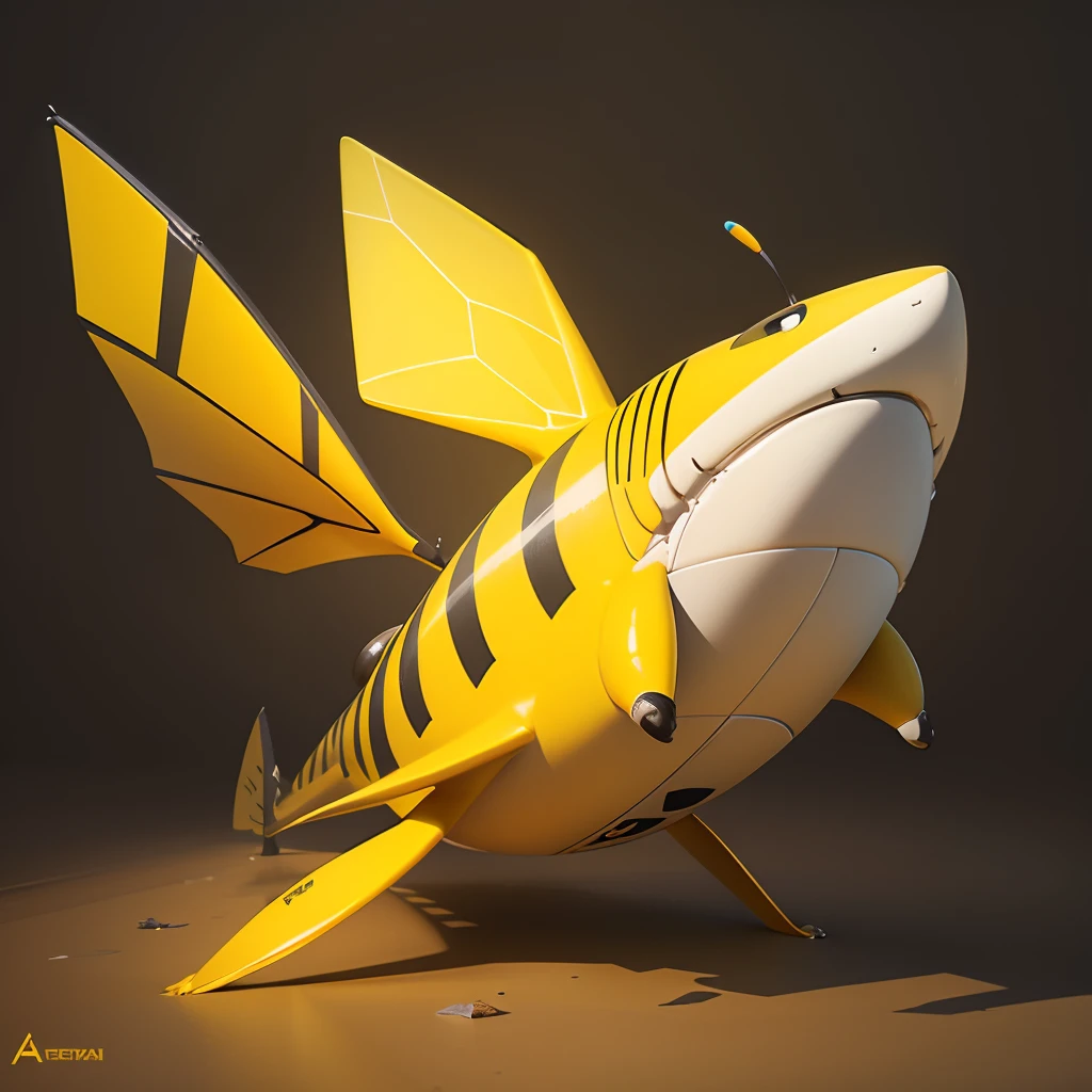 A cartoon animal,Bee characteristics,Shark characteristics,cartoony,amarelo,hyper HD, Anatomically correct, Masterpiece, High details, A high resolution