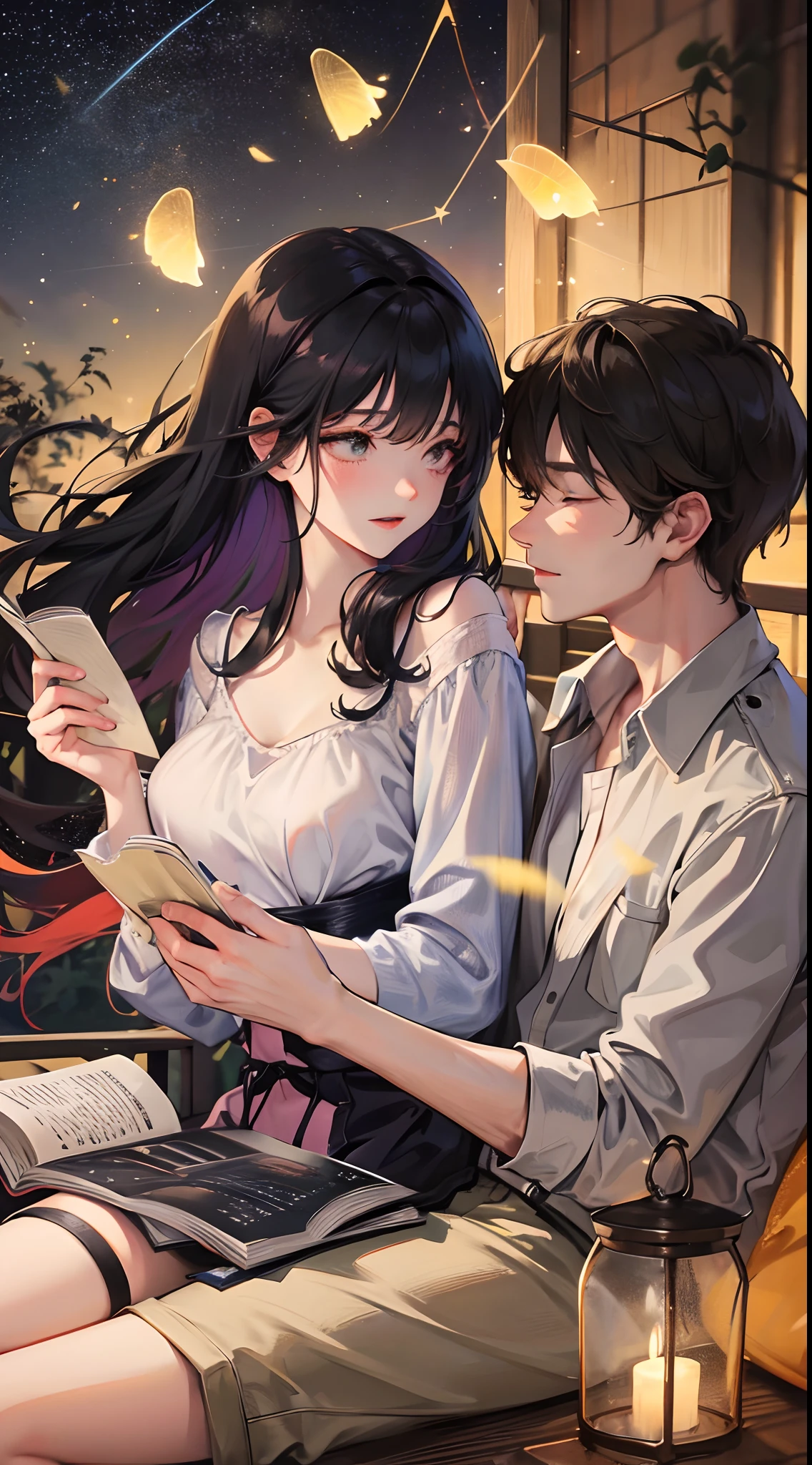 Country night，The starry sky twinkles，Two couples reading a book，Summer lights and fireflies dance。