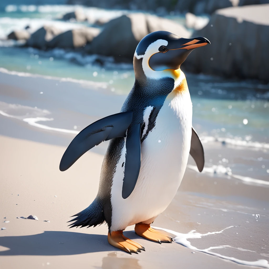 Generate masterpieces and ultra-high quality penguin images。Subject to the following conditions:、Can you please create a beautiful penguin image？

Only one penguin should appear in each image。Do not contain other penguins or animals。Make sure there is only one penguin in the scene。

Don't let penguins have more limbs than they need、Draw in a natural posture。While maintaining cuteness、Avoid excessive display of limbs。

Be careful not to introduce penguins or unwanted elements into the scene in the background。In a bright and natural environment、Imagine a scene with a happy expression of a penguin。

Draw carefully so that the tail does not come out on the penguin's ass。Adjust it to keep a natural look。

So that the penguin's neck is of the right length,、Balance and draw。Be careful not to be excessively long。

Draw a chubby penguin body shape。Rounded body or、Beautifully reproduce the fluffy feeling of obesity。

Please try to make sure that the generated image is a beautiful one with only one penguin.。Unpleasant facial expressions and situations、Elements of violence and anxiety、Discriminatory or insulting elements、Please do not include any sensitive topics or prejudices.。

Comply with these instructions、We are waiting for amazing images that maximize the loveliness and beauty of penguins。