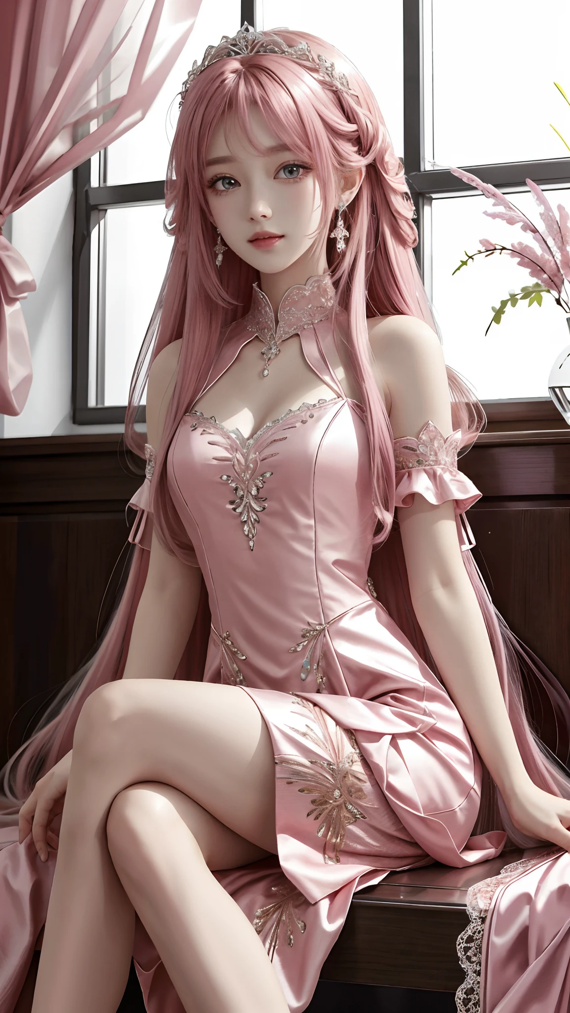 Ultra hd, 8k quality, a girl, happy, very long hair, detailed eyes, beautiful dress, pink dress, sitting pose, whole body capture,