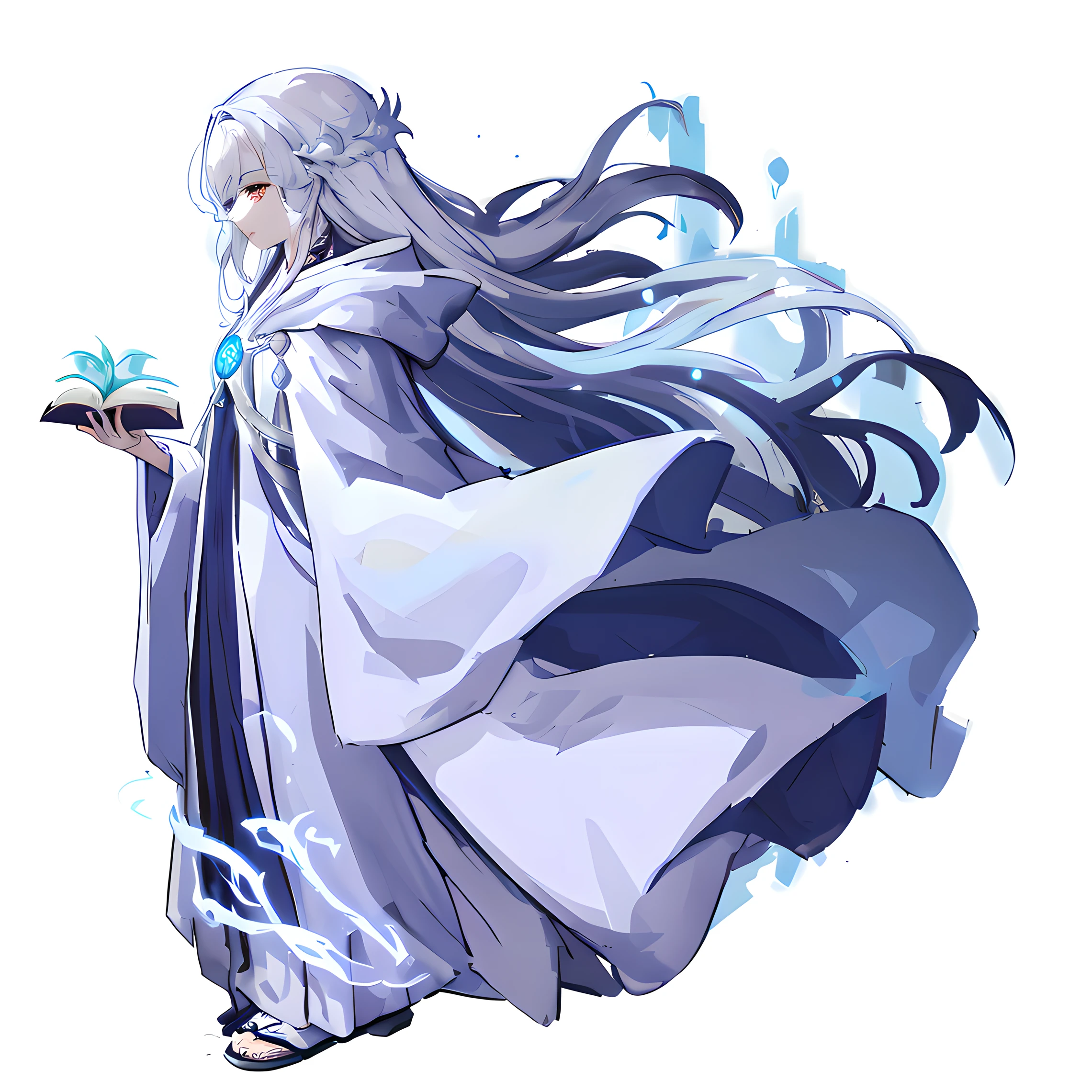 "Woman in white robe holding book、Mysterious figure with white hair、Flowing white cloak、Wearing a very long white cloak、Wearing a white cloak、Art style like a visual novel sprite、animesque『overload』Albedo-like character image of、A figure with flowing hair and a long robe、Albedo-like figure with official character art atmosphere"

This Prompt is、「Woman in white robe holding book」In addition to the basic image of、Contains elements such as appearance details and art style。