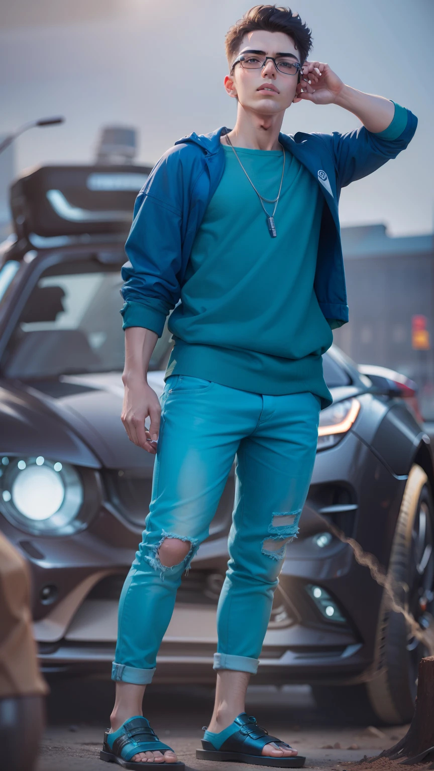 Boy with coffee futuristic background realistic face car High quality hd