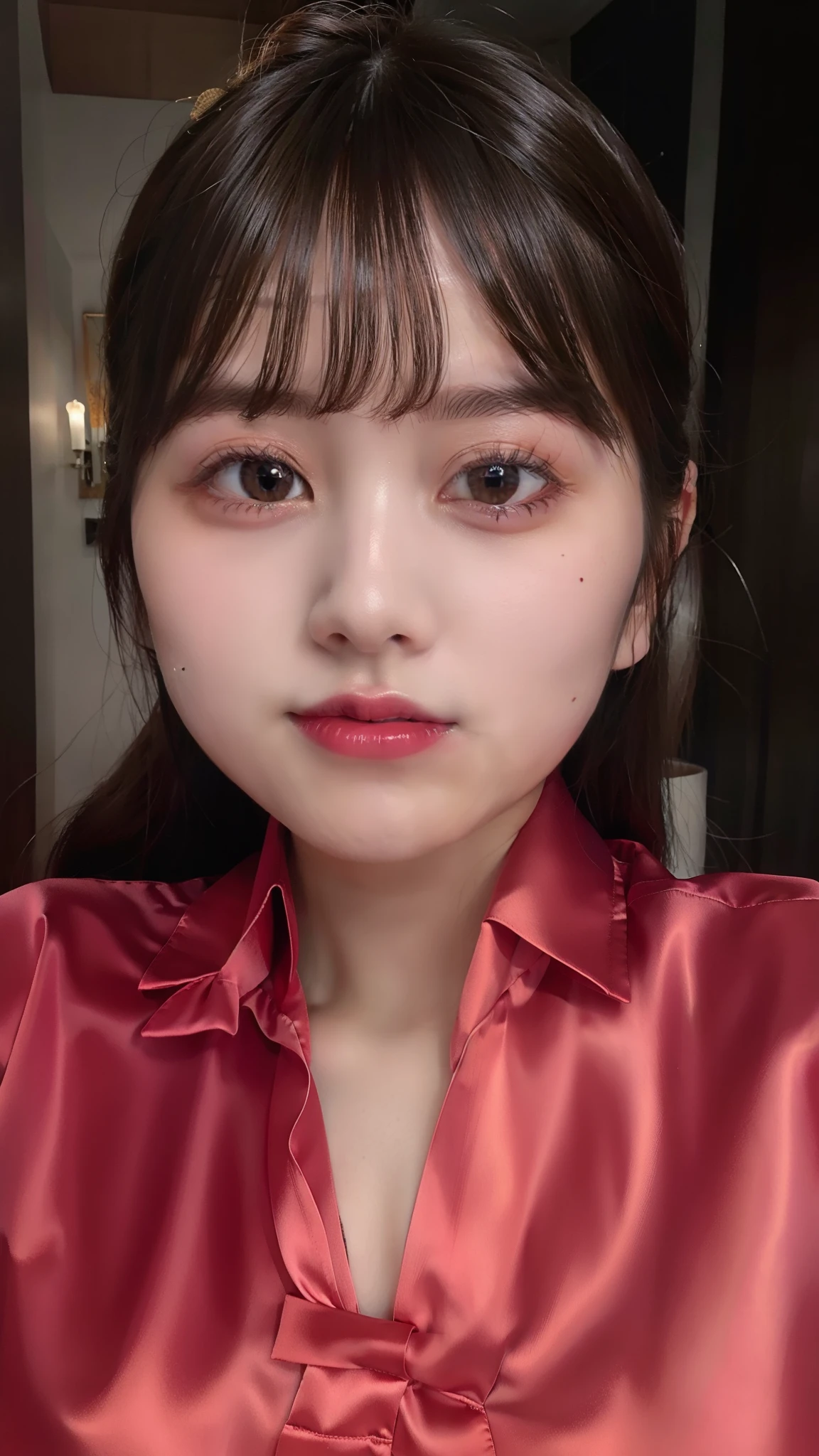 A close up of a woman wearing a red shirt and a red tie - SeaArt AI
