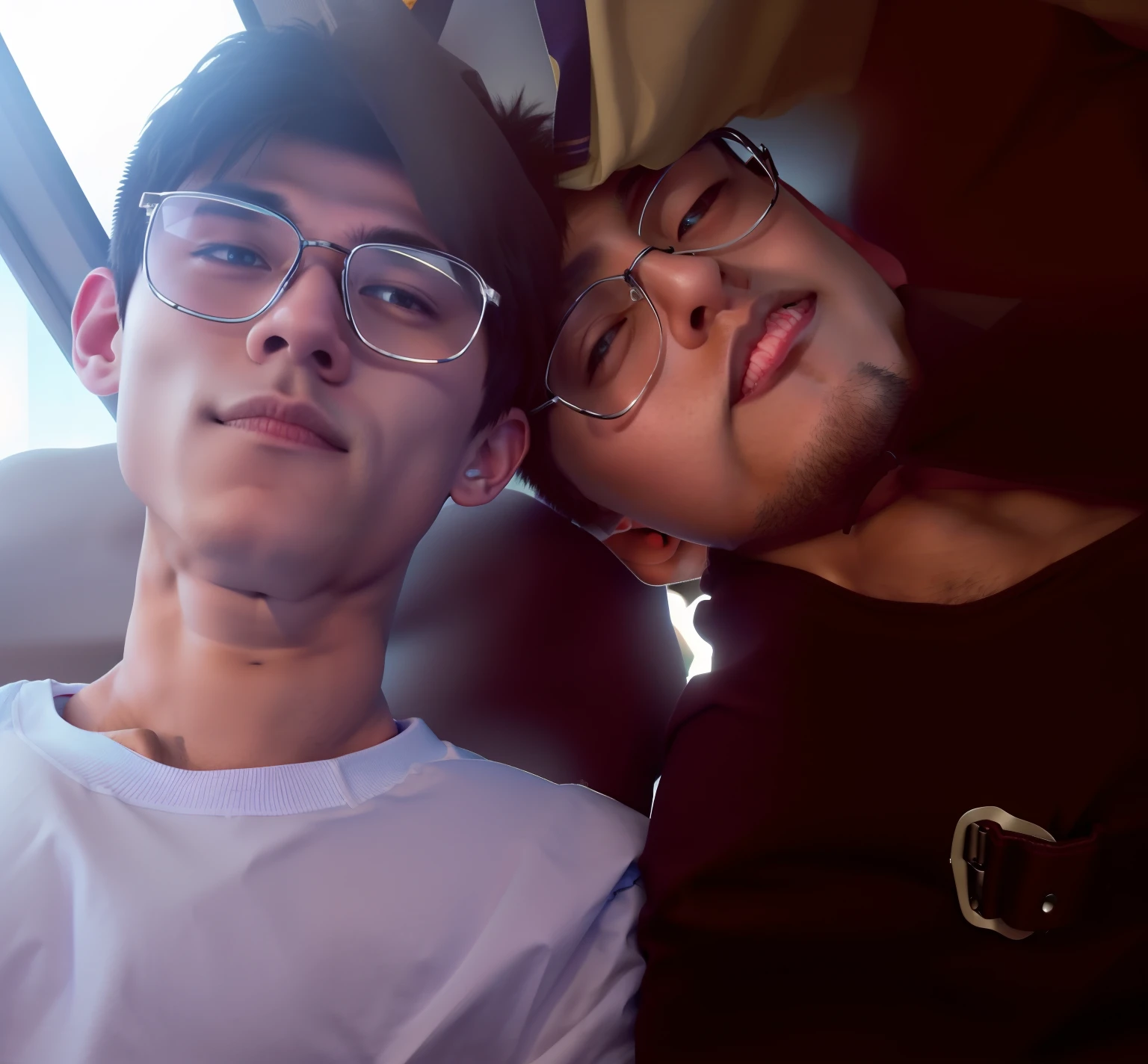 ，Two boys leaning together，Abs，Big bag with a bulge in the crotch