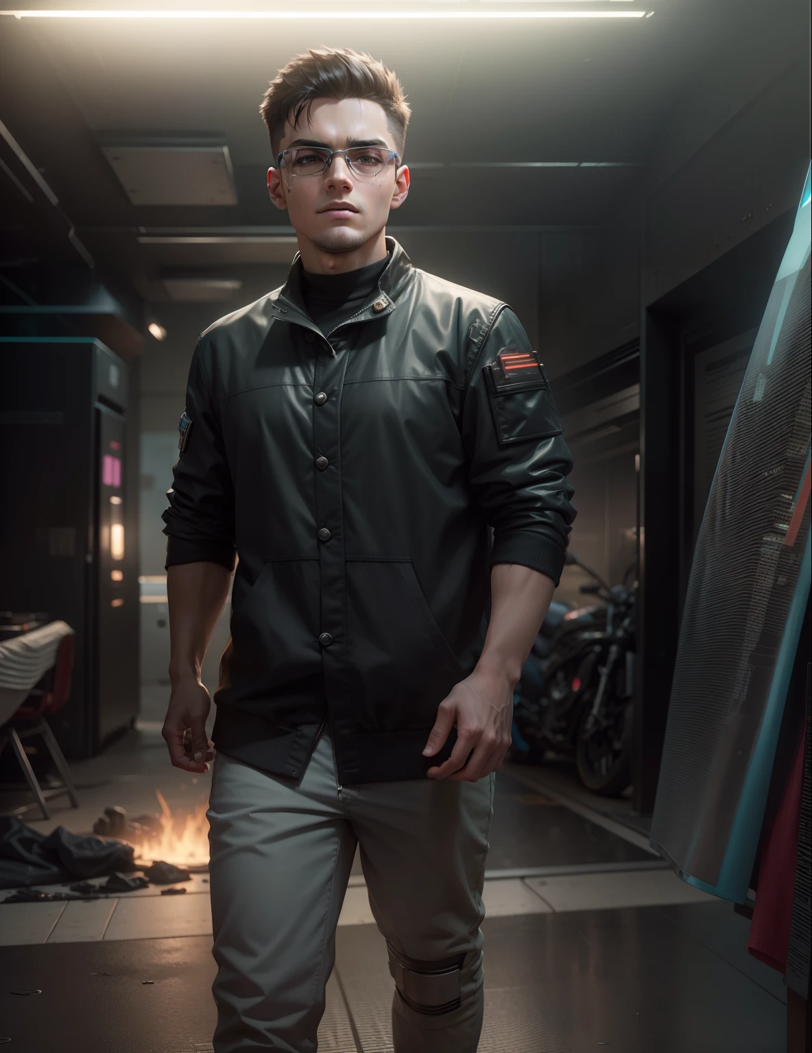 "3D, hyper-realistic cyberpunk environment with a cutting-edge technology backdrop. High-resolution 8k image featuring a youthful, clean-shaven boy with a cute and innocent face, resembling an 18-year-old."