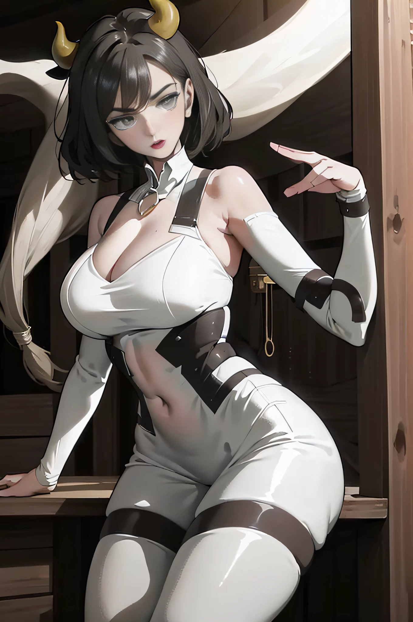 (masterpiece best quality), Realistic, (Real picture, Intricate details, Depth of field), (1girll, Solo), Mouth open,seductiv, highly detailed, Perfect face,Refined face (gigantic cleavage breasts:1.3), (skin indentation), (Pasture cowsheds covered with pastures),Overlooking the perspective,Thick thighs, Wide hips, Small waist, facing at camera,Raised sexy,Open your feet,Mature face,a matural female,fluffy long black hair,White Bull Costume,Erotic clothing,open waist,White knee-length boots,cow horn,Production plant,dairy cattle