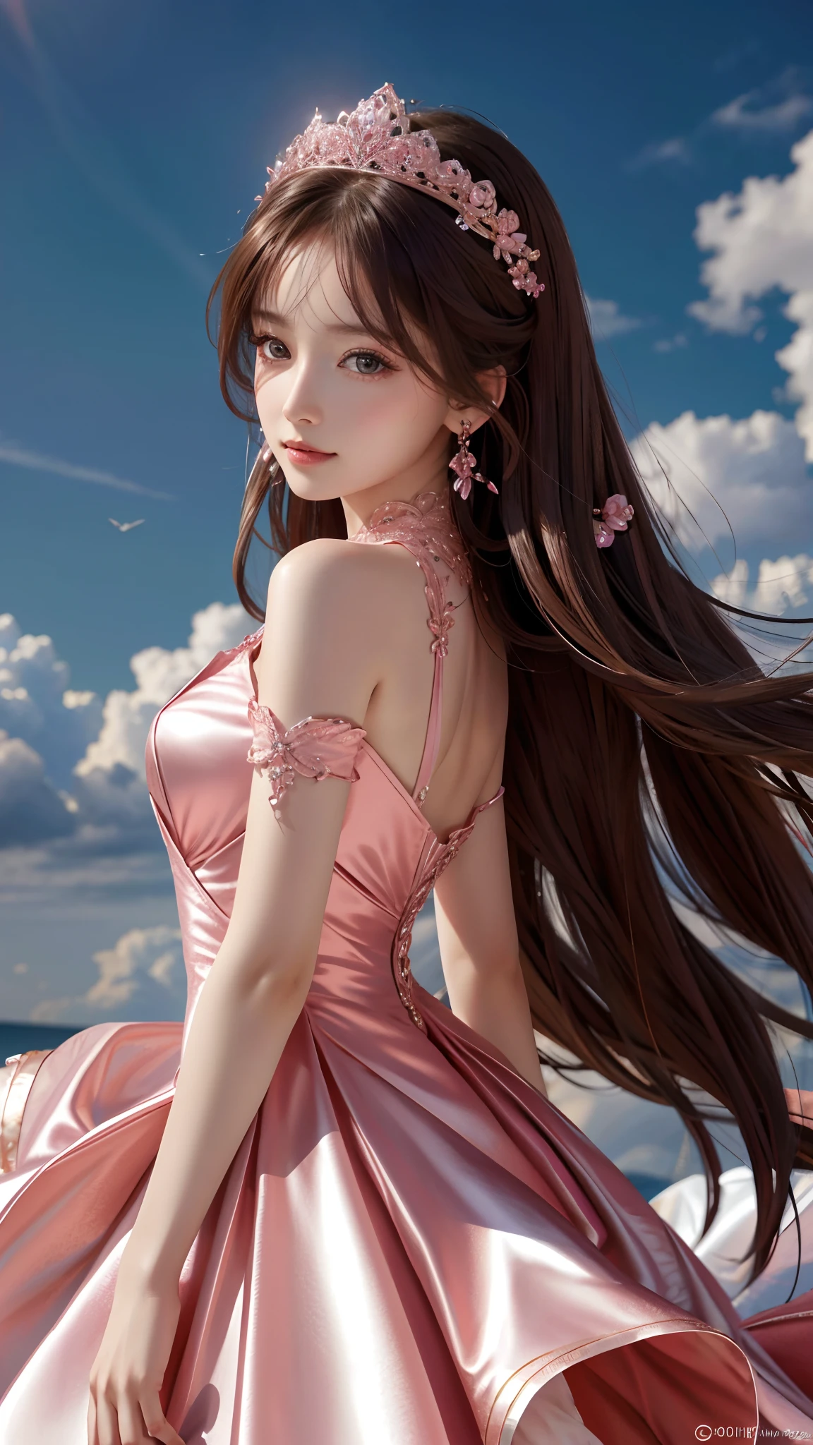 Ultra hd, 8k quality, a girl, happy, very long hair, detailed eyes, beautiful dress, pink dress, attractive pose, whole body capture,