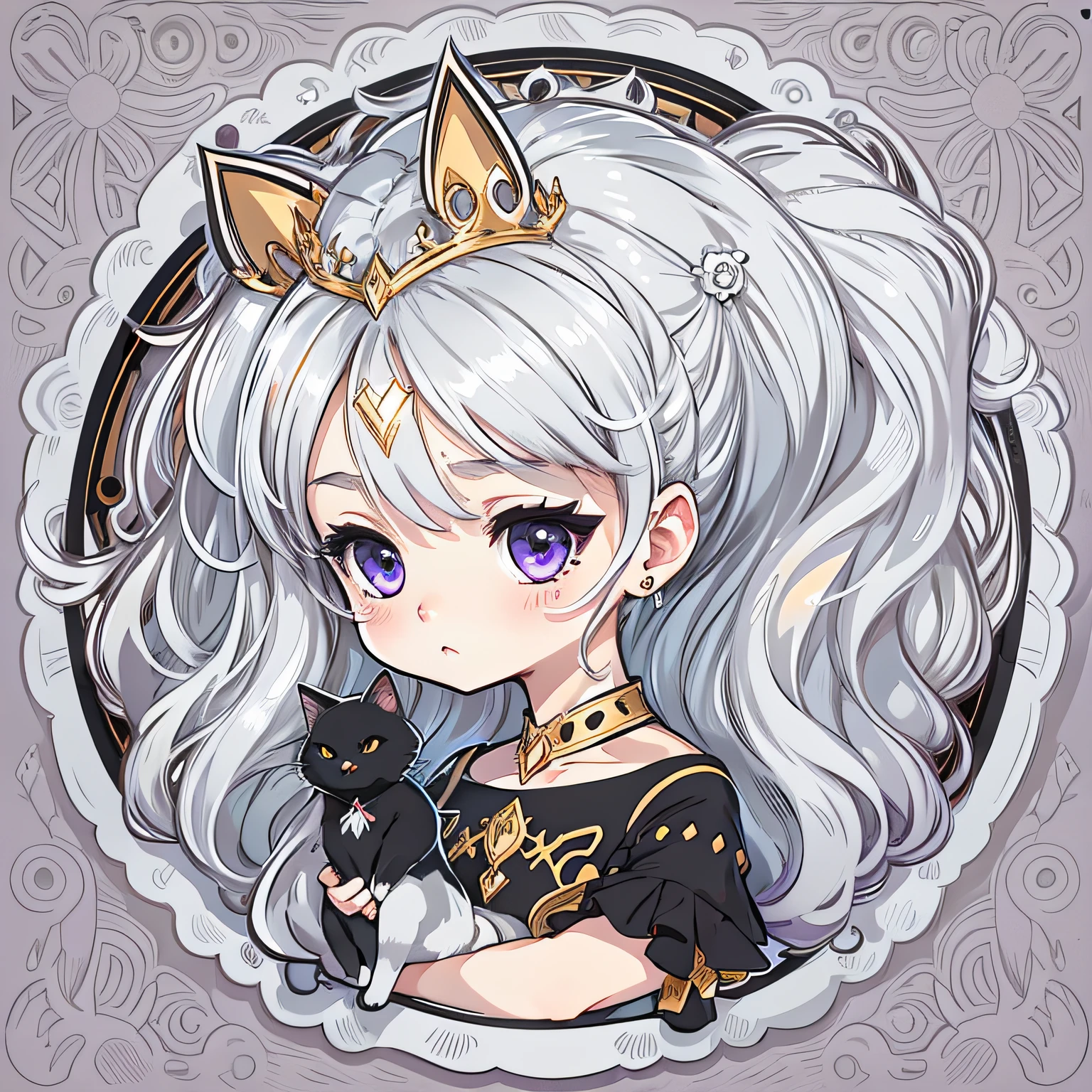 Sticker, Cute anime girl head, long layered silvery white hair,Light purple eyes,pouty,Black dress,Black princess dress,Holding a black cat,in circle, White background, Gold border,Simple, Ultra detailed, Detailed drawing, vectorised, Silhouette, 8K, professional sticker design, Flat design, Vector lines, Sticker, Drawing, Drawing, Full-HD