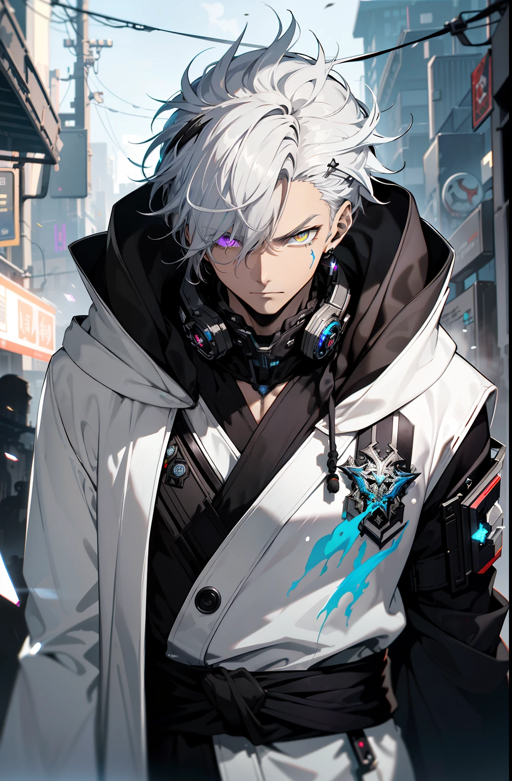 Cyberpunk male，fansty world，background inside dark，Clean design，Epic Instagram，art  stations，Colorful paint splashes，contours，Hyper-detailed intricate details，unreal-engine，fanciful，Complicated details，splash image，complementary colours，fantasy concept art，8K分辨率，A masterpiece of deviantart，oil painted，Heavy strokes，paint drips，（Isolate on a white background：1.3），Rainbow skins，(((A handsome young))), ((Teenage:1.5)), (Glowing purple eyes), ((Eyes have light))，((((Short silver-white hair:1.1))), ((Manteau blanc)), (prinz\\(Indifferent expression\\),, (((Wearing a luxurious black robe with high details))), A head of white hair，(chest muscle) --v 6