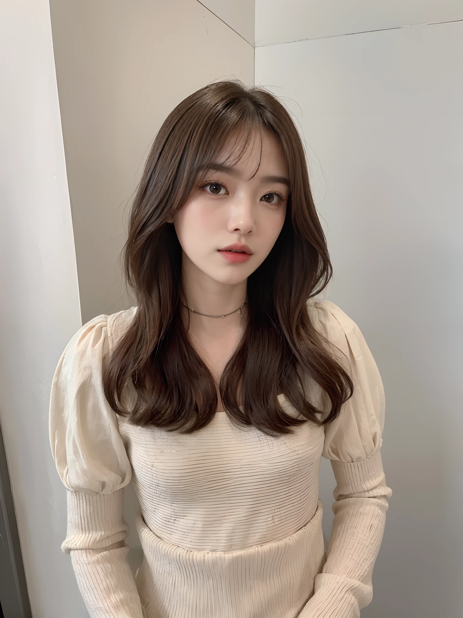 highest quality, 1 beautiful woman, 28 years old, s, 35mm lens, f/1, cowboy shot, Concrete background、Tile background、knit、light brown hair color、tile wall,from below、straight hair、straight hair、