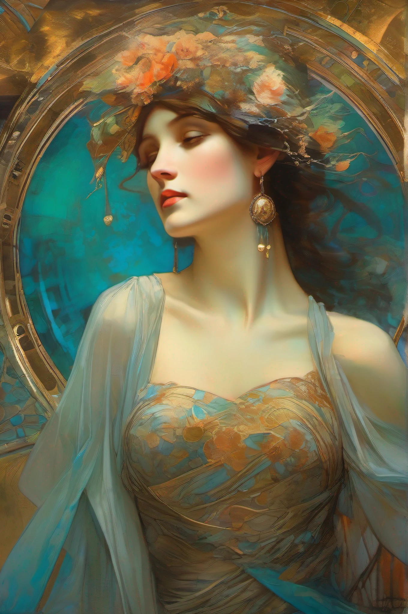 pandora, (artist Alphonse Mucha), art nouveau, colorful, ((best quality, masterpiece)), highest detail, 8k, stunning, highly detailed, 8k, ornate, intricate, cinematic, dehazed, atmospheric, (oil painting:0.75), (splash art:0.75),(teal:0.2),(orange:0.2), (by Jeremy Mann:0.5), (by John Constable:0.1),(by El Greco:0.5),(acrylic paint:0.75), 8k