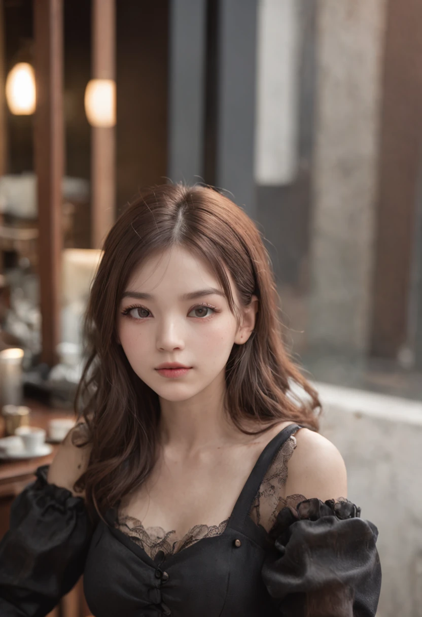 中景 the scene is,Bust photo,A 14-year-old girl sits in a café,with a round face,largeeyes,adolable,big breasts beautiful,The face is delicate,White skin,long eyelasher,Blushlush,eye shadows,Redlip,The expression is shy,ssmile,Perspectiva subjetiva,flatchest,being thin,cropped shoulders,shift dresses,Poor chest,胸A cup,hair messy,By bangs
