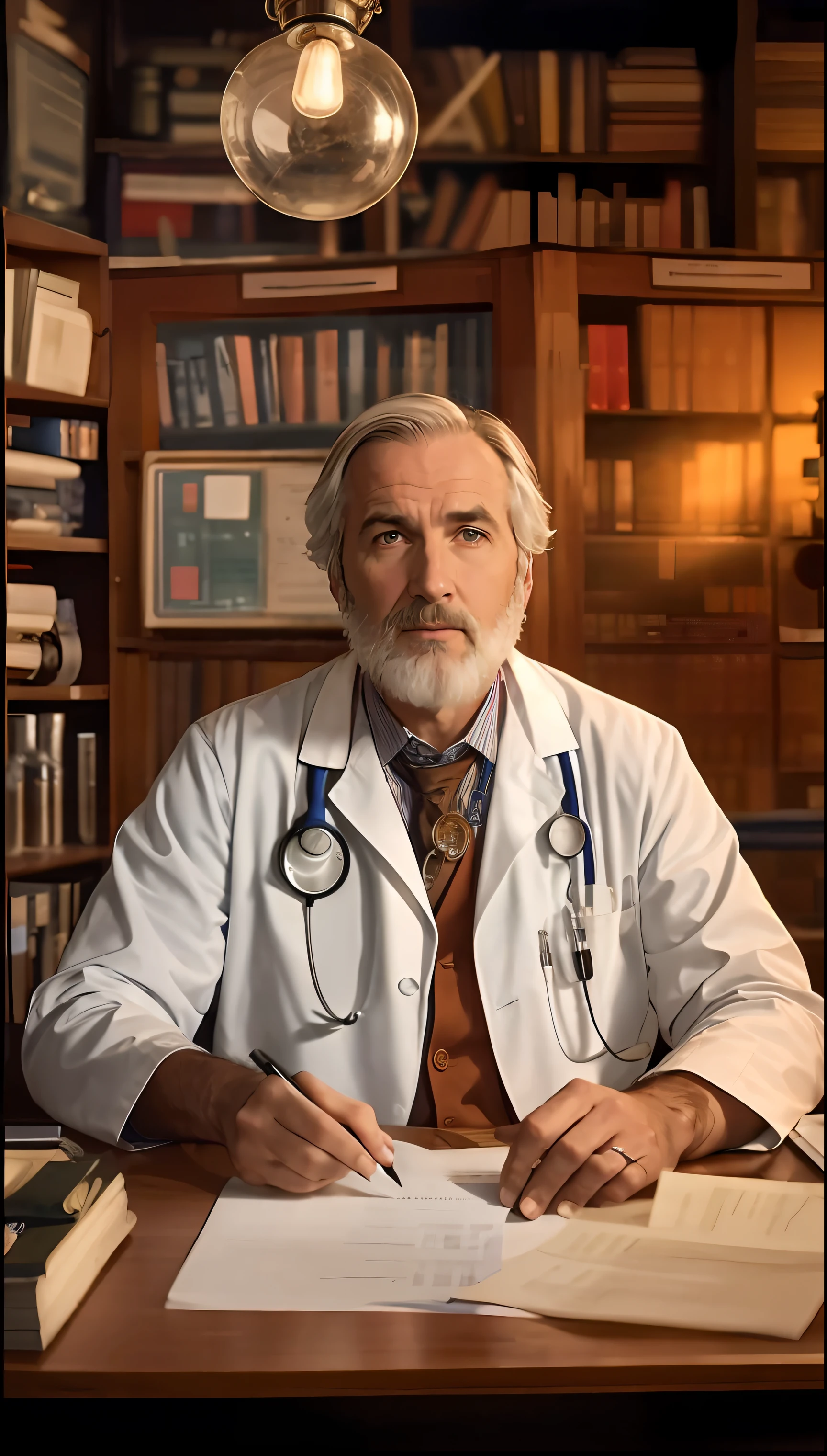 arafed man in a lab coat sitting at a desk with a paper, doctor, (doctor), medical doctor, male physician, with a stethoscope, medicine, by Federico Zuccari, ernst haeckel and artgerm, still image from tv series, the doctor, alexander abdulov, ( ( emma lindstrom ) )