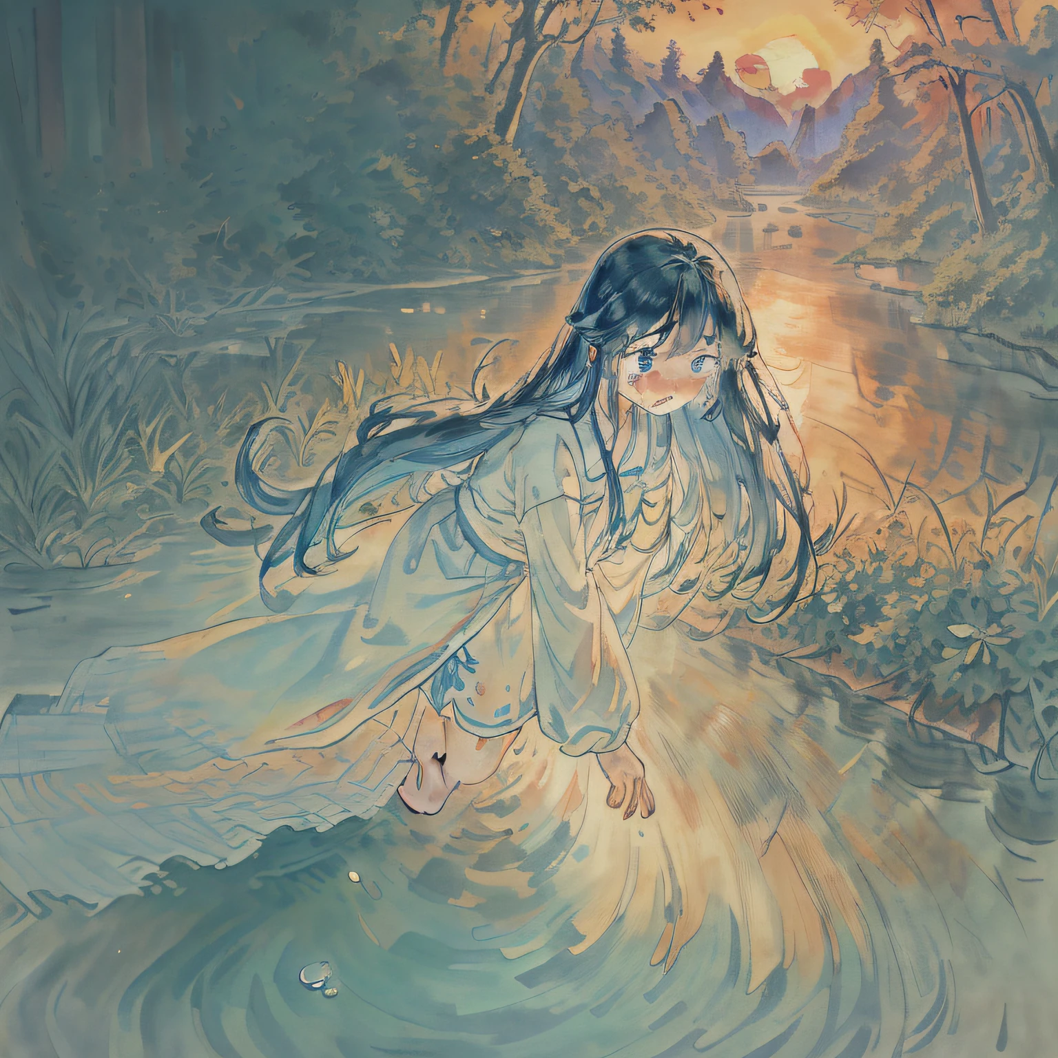 original, (masterpiece), (illustration:1.2), (extremely fine and beautiful), (perfect details), (unity CG 8K wallpaper:1.05), (ray tracing), (beautiful and clear background:1.25), (depth of field:0.6). (1 (cute young girl:1.1) with (long hair:0.95) and tears in blue eyes, who is (crying:0.6), in forest with (river:1.2) under morning glow with sunrise in (autumn:0.5):1.15). (detailed beautiful eyes:1.2), (beautiful face:1.2), (hair blowing with the wind:1.1), (solo:1.3)