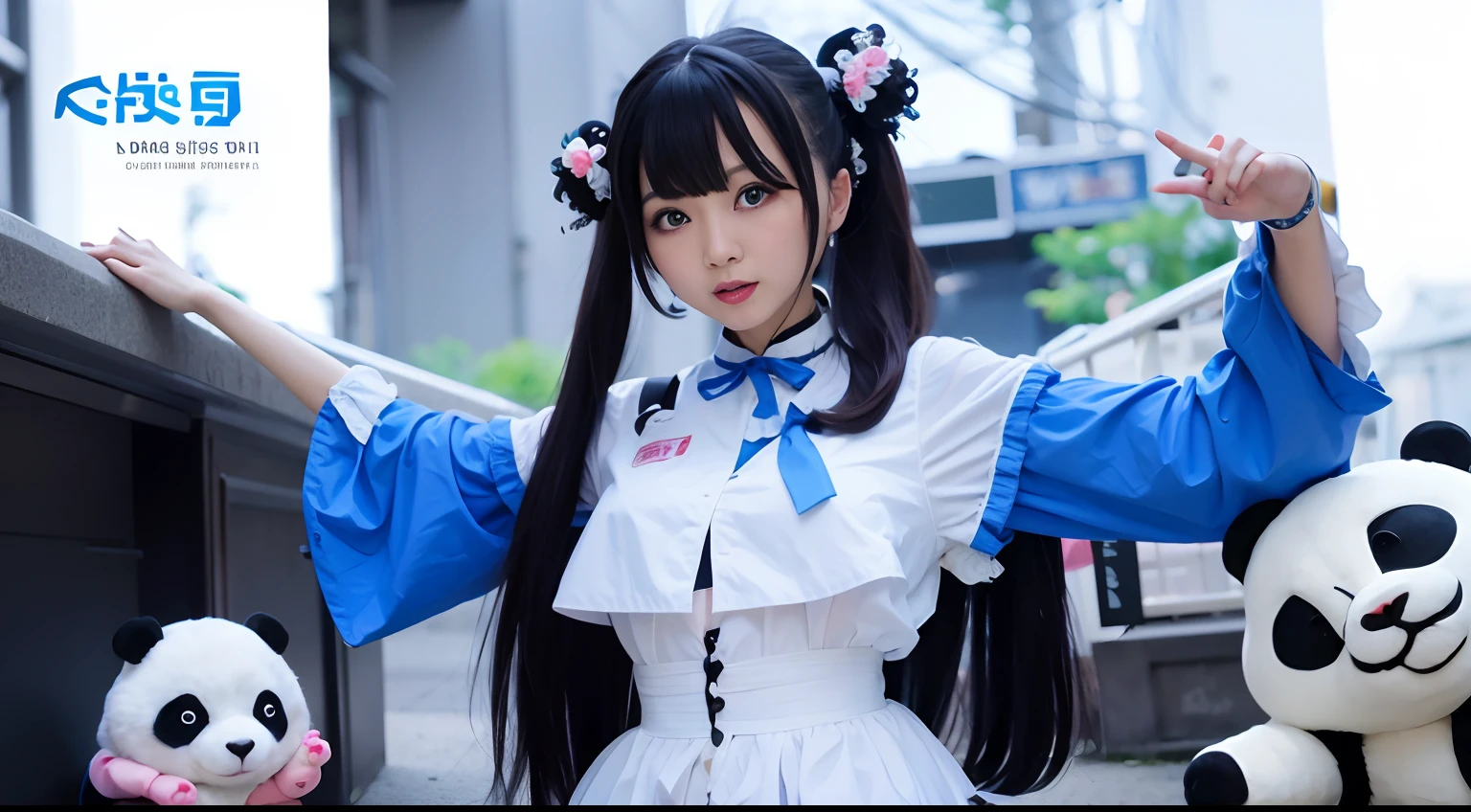 Chinese Lady、mad scientist、Cosplay、showy、Panda Maid Cosplay、kawaii、Big eyes、blue eyess、skirt by the、A dark-haired、年轻、large full breasts、a baby face