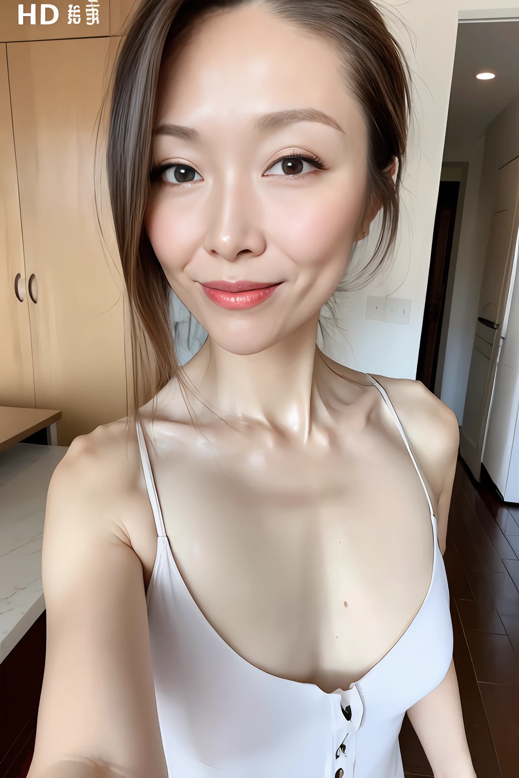 Lucy Liu taking a selfie and naked photo with a smile