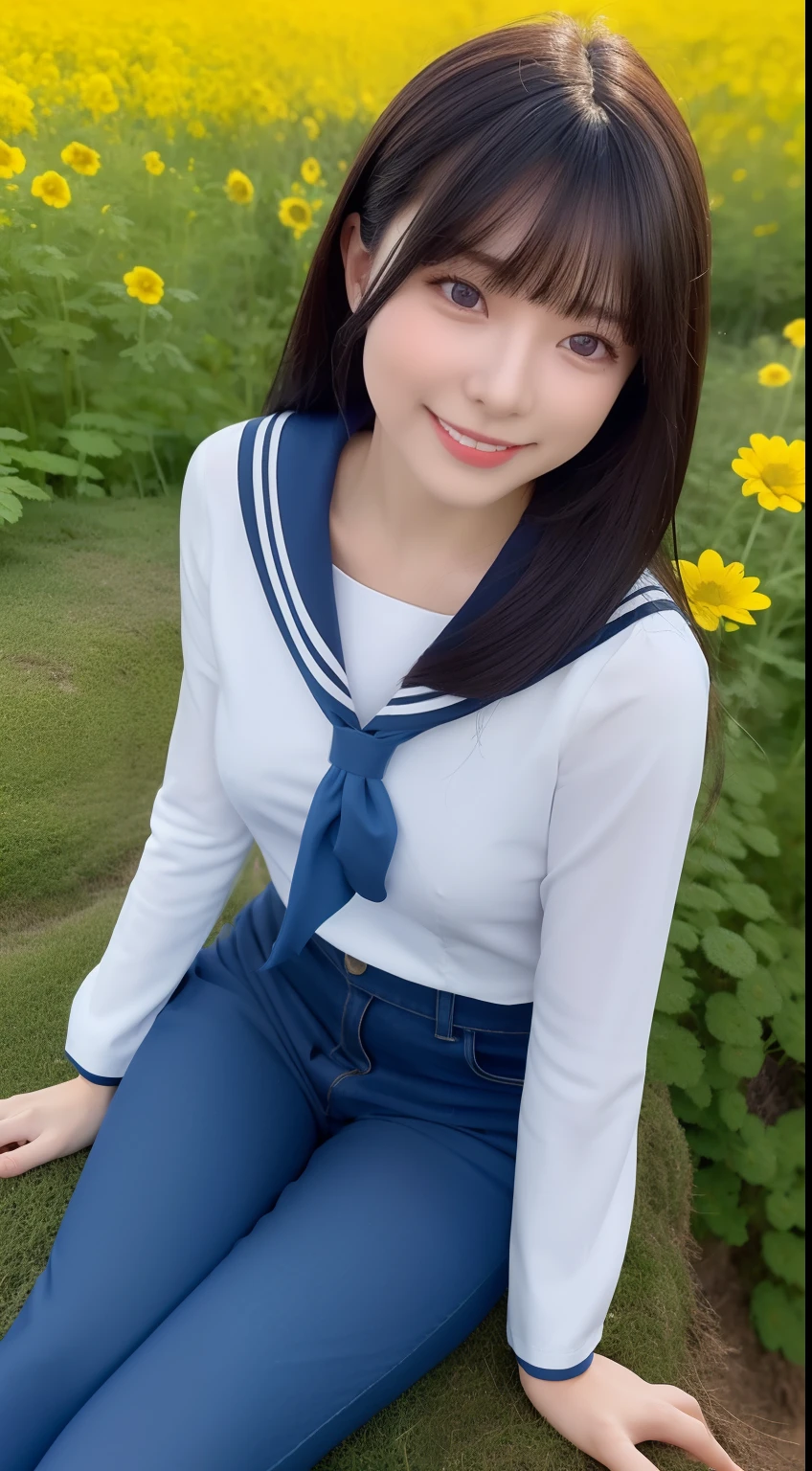 A smiling girl,Wear a tight sailor suit,denim pant,Lying on a large mossy rock in the middle of a field of rape flowers,com rosto detalhado,The eyes are delicate,The photo quality is the best,Realistic image quality,Background diffuse lighting,Depth of field display。