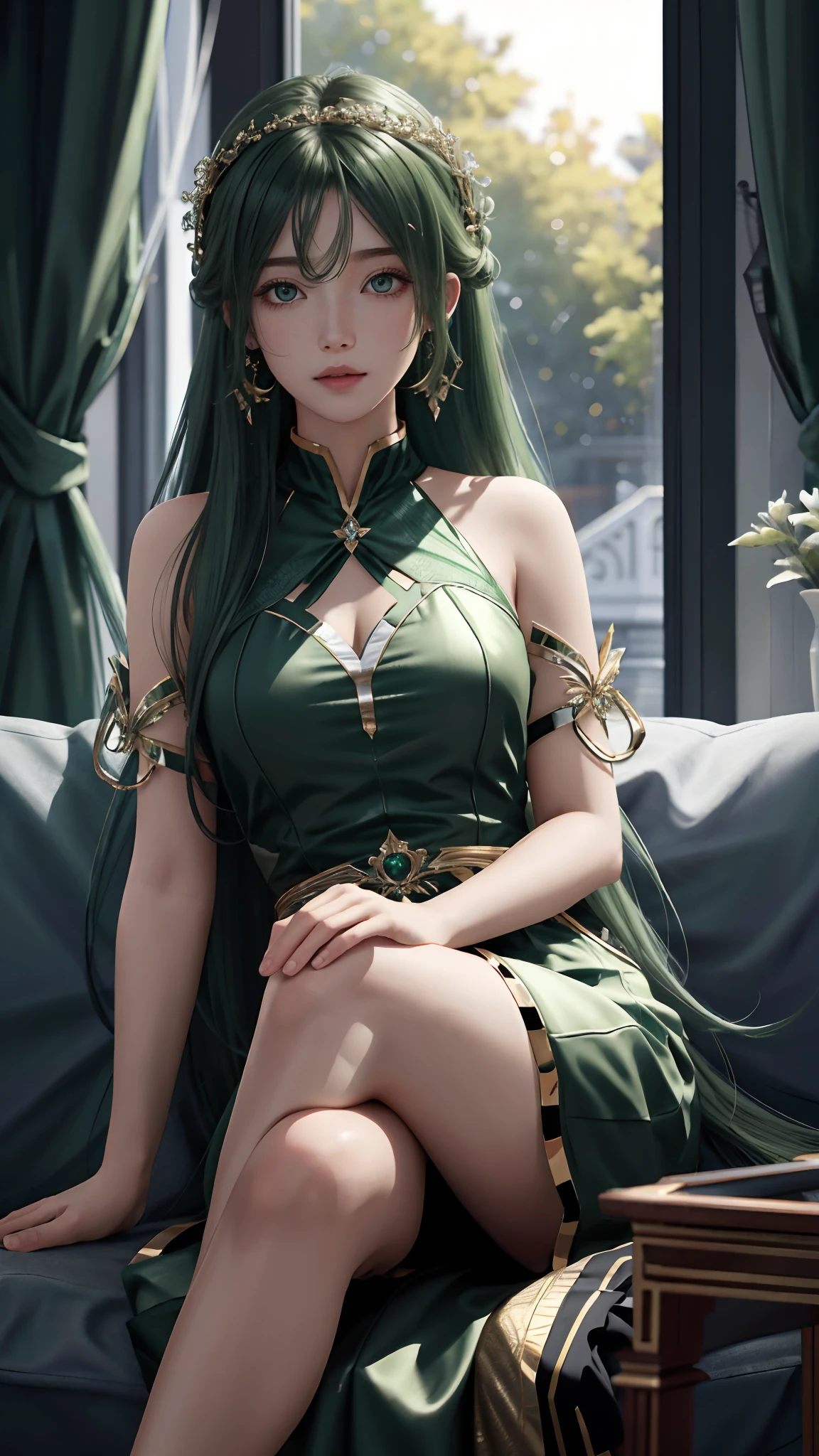 Ultra hd, 8k quality, a girl, happy, very long hair, green blur dress, detailed eyes, sitting pose, unreal engine 5,
