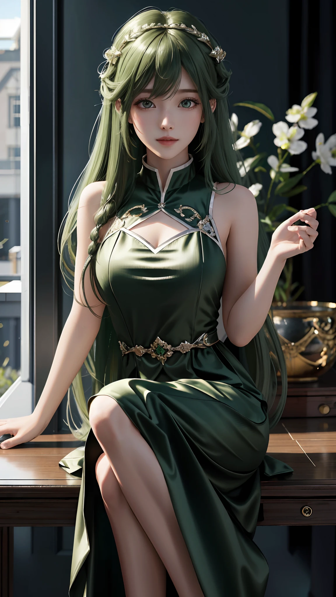 Portraiture、(masterpiece,Highest quality,Ultra-high resolution),Japanese women, (((Very beautiful 25 year old girl))),She is wearing a long-sleeved dress made of shiny pale green satin..、The dress has a simple design without any patterns.、The skirt is mermaid style、Dark Room