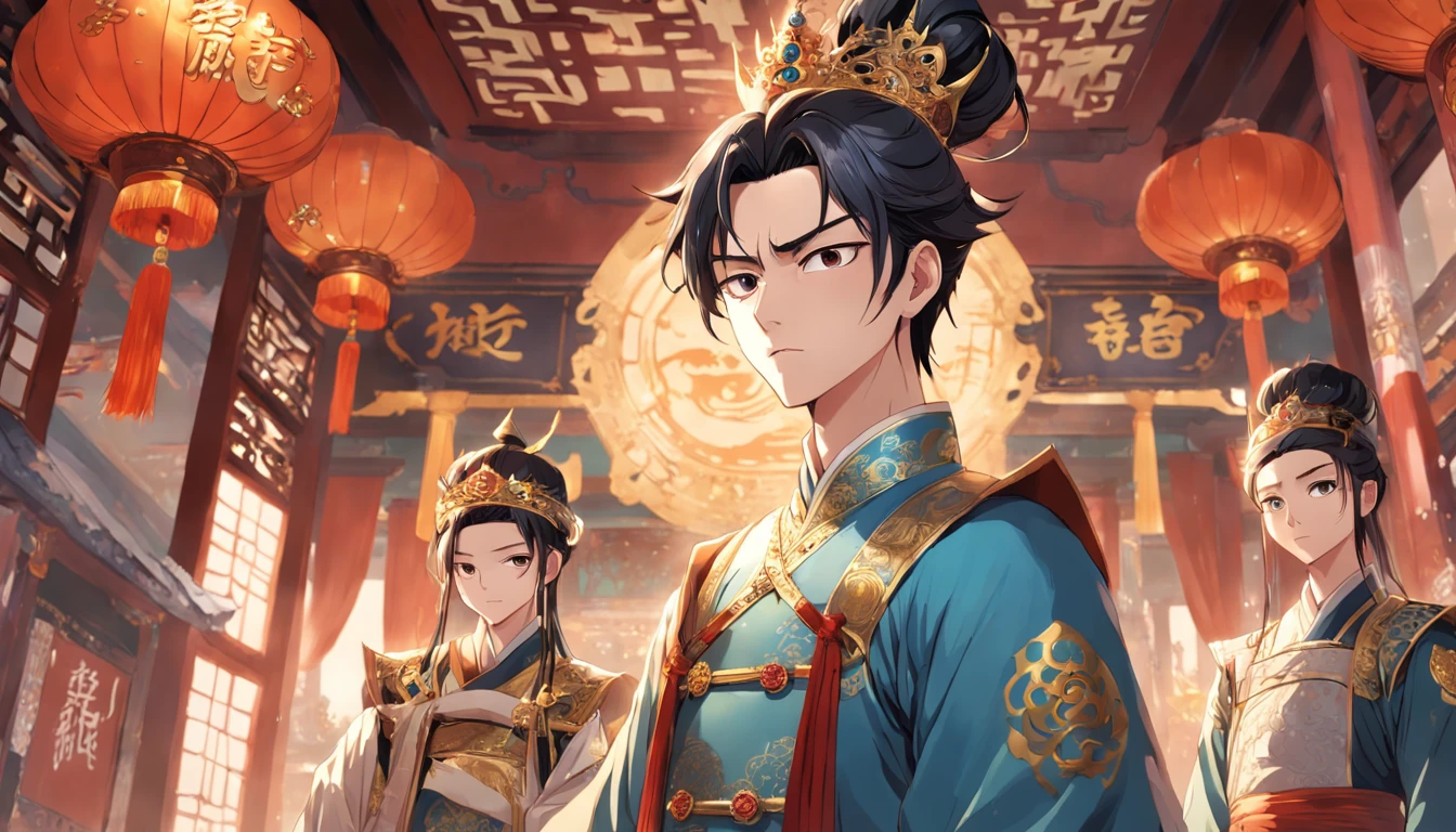 Create an anime-style painting for me depicting Prince Wang Rui standing upright, wearing magnificent palace attire. He has a determined and spirited gaze that is reflected in his eyes. Beside him, there is an image of his father, King Wang Wen, seated on the royal throne with a crown atop his head. Brothers Yi and Ming stand behind him with an imposing demeanor. The background is a grand palace chamber adorned with shimmering decorations.