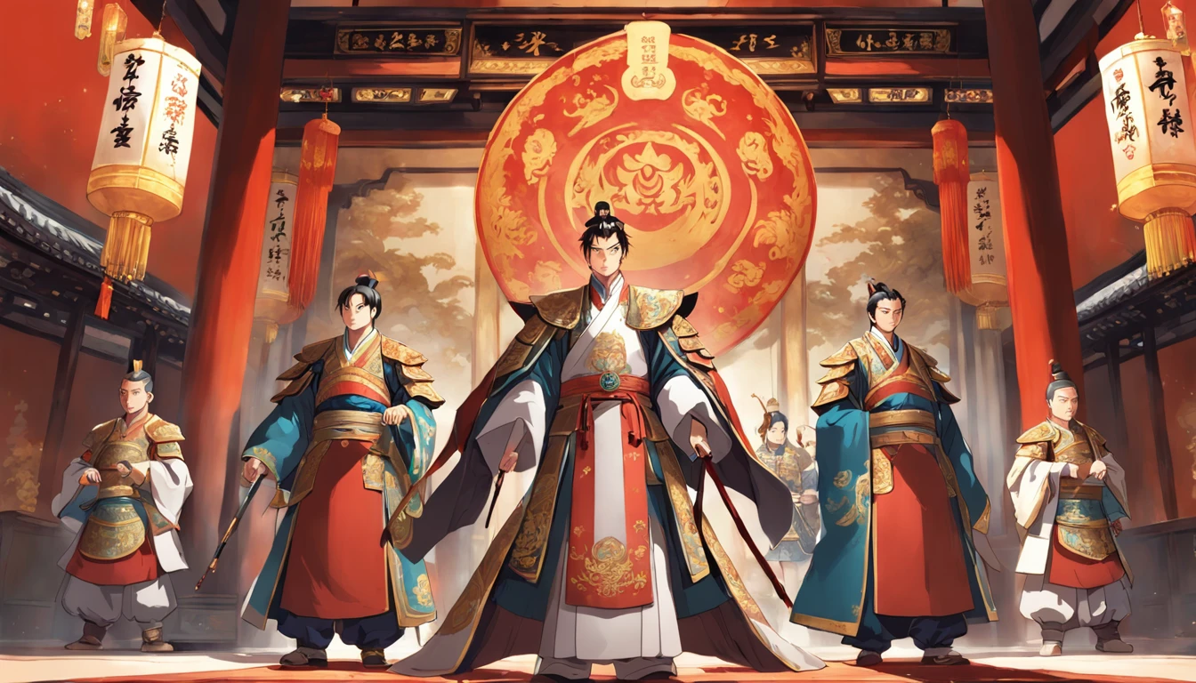 Create an anime-style painting for me depicting Prince Wang Rui standing upright, wearing magnificent palace attire. He has a determined and spirited gaze that is reflected in his eyes. Beside him, there is an image of his father, King Wang Wen, seated on the royal throne with a crown atop his head. Brothers Yi and Ming stand behind him with an imposing demeanor. The background is a grand palace chamber adorned with shimmering decorations.