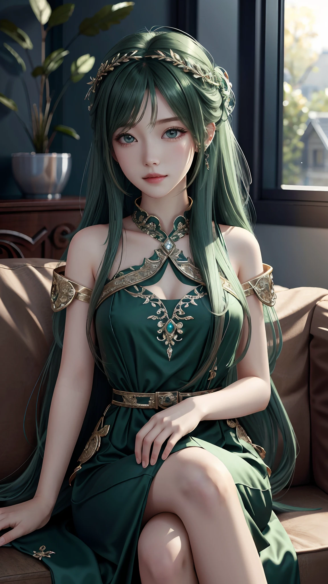 Ultra hd, 8k quality, a girl, happy, very long hair, green blur dress, detailed eyes, sitting pose, unreal engine 5,