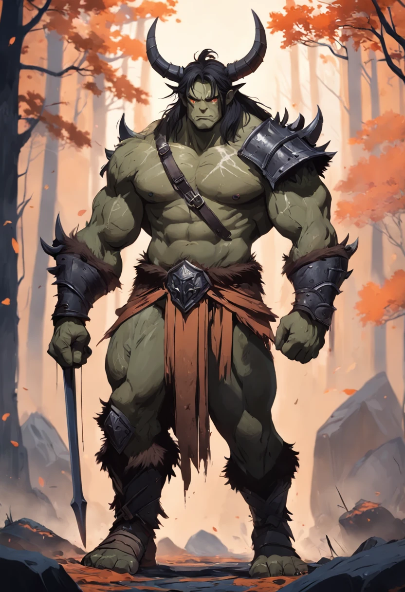 Game character standing drawing design,Orc symbaroum,Leather armor,Fur shoulders,Stout limbs,Strong muscles,The barefoot,Holding a huge barbed stick,Different layers overlay,Different angles,(full bodyesbian:1.4),solid color backdrop,clean backdrop,depth of fields,high light,Real light,Ray traching,OC renderer,UE5 renderer,Hyper-realistic,best qualtiy,8K,Works of masters,super-fine,Detailed pubic hair,Correct anatomy,