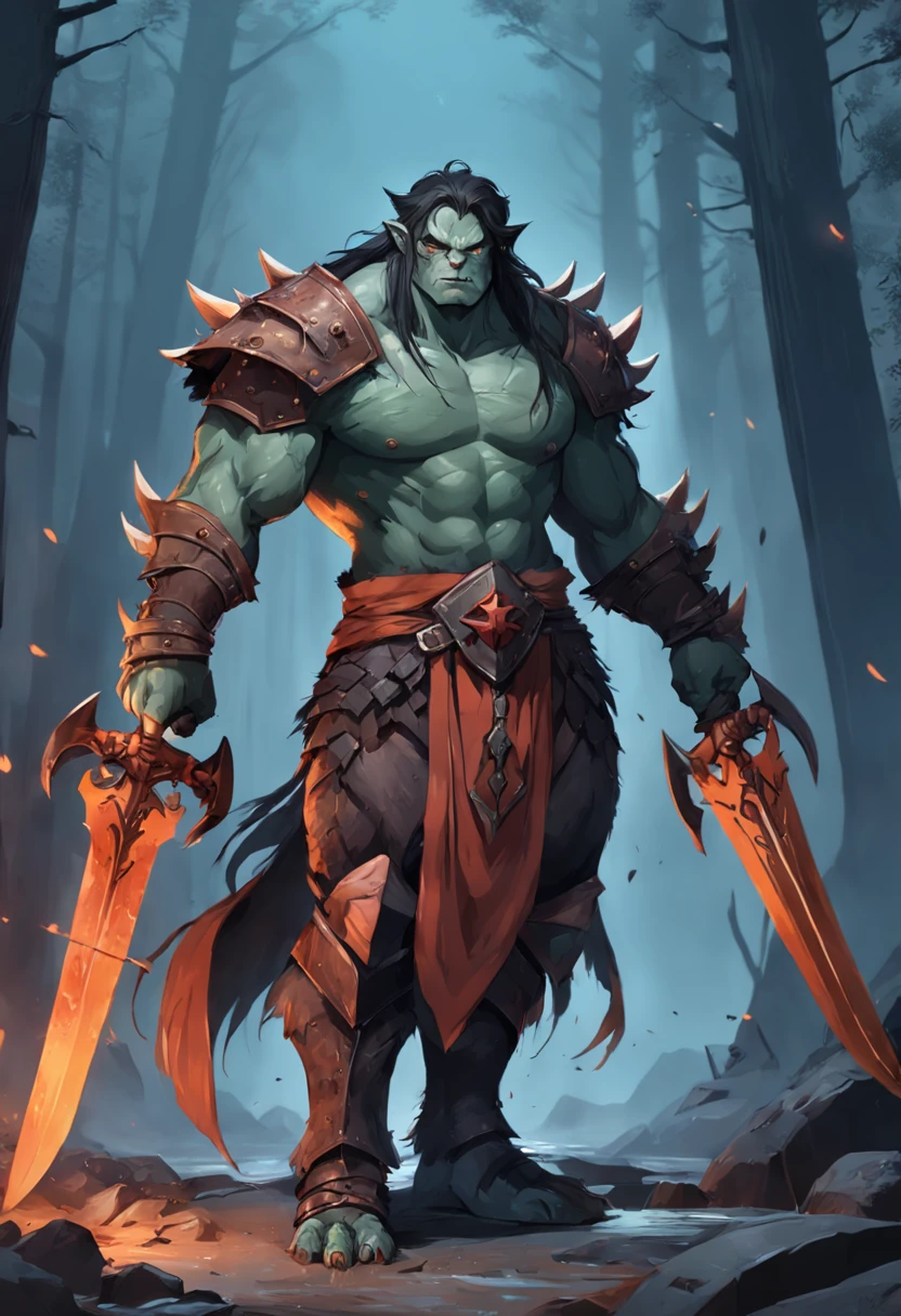 Game character standing drawing design,Orc symbaroum,Leather armor,Fur shoulders,Stout limbs,Strong muscles,The barefoot,Holding a huge barbed stick,Different layers overlay,Different angles,(full bodyesbian:1.4),solid color backdrop,clean backdrop,depth of fields,high light,Real light,Ray traching,OC renderer,UE5 renderer,Hyper-realistic,best qualtiy,8K,Works of masters,super-fine,Detailed pubic hair,Correct anatomy,